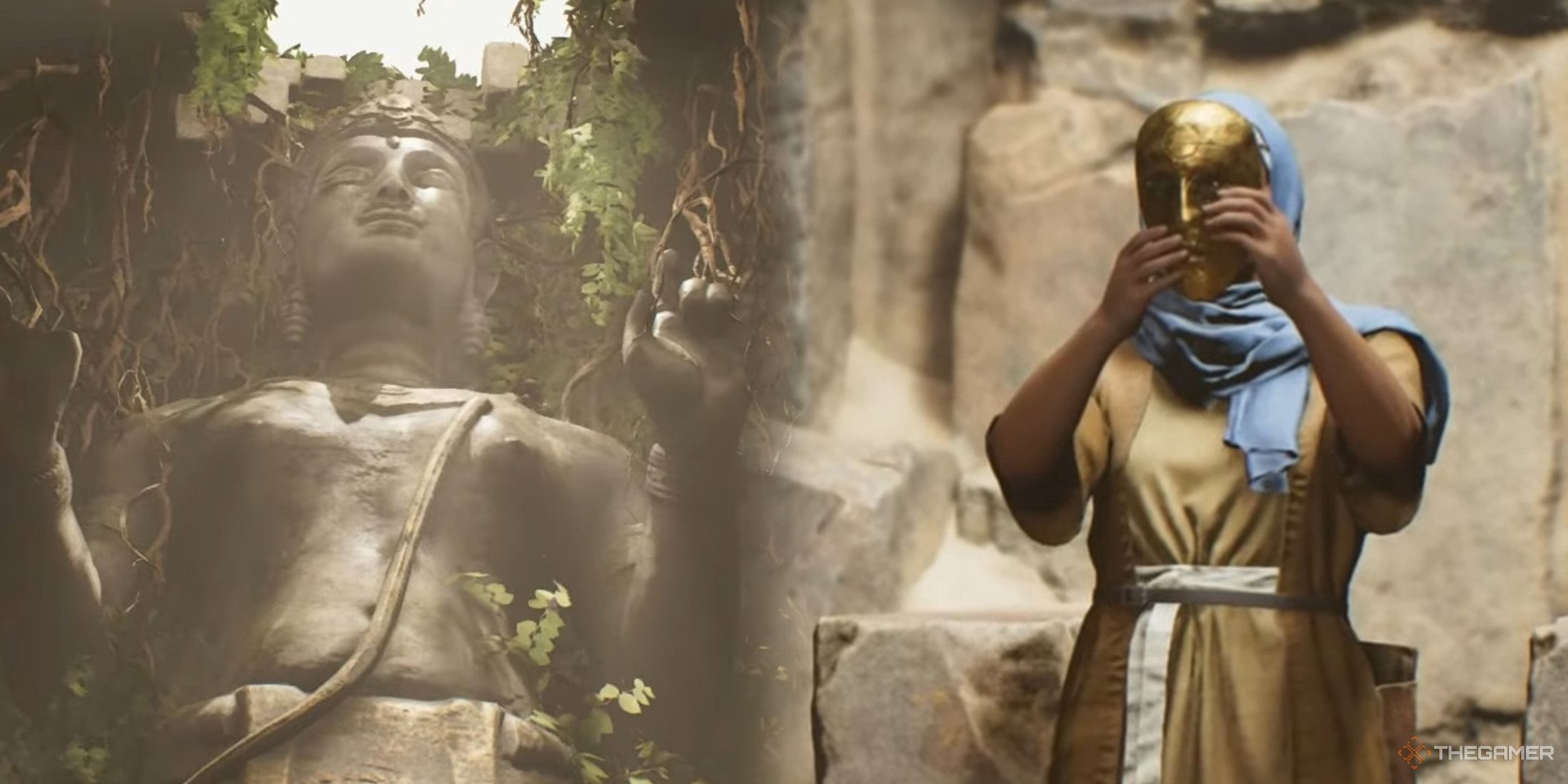 Gina wears a golden mask on the right side and there is a giant Shiva statue on the left side in Indiana Jones And The Great Circle