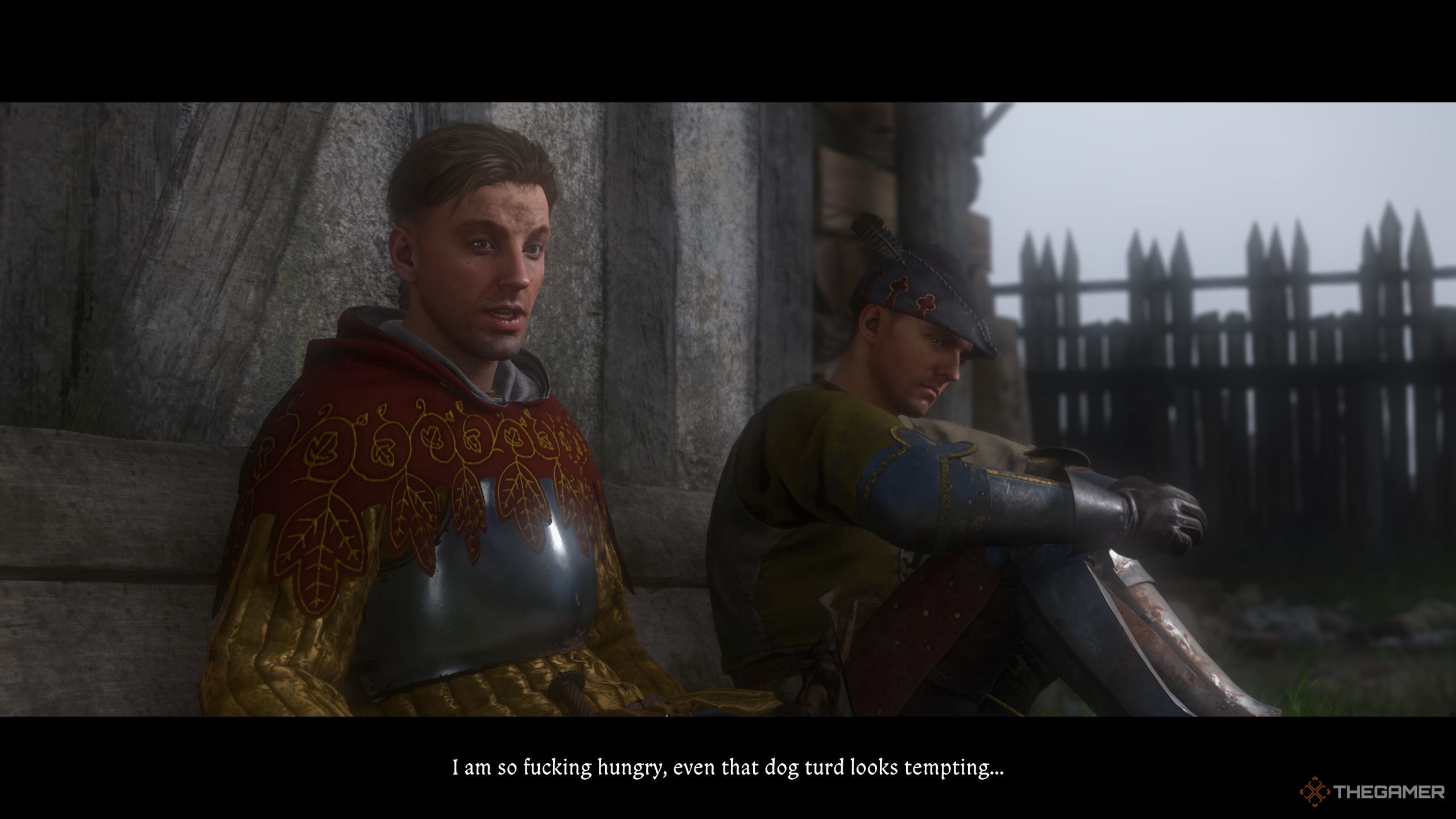 In-game cutscene featuring Henry and Hans sitting and talking.