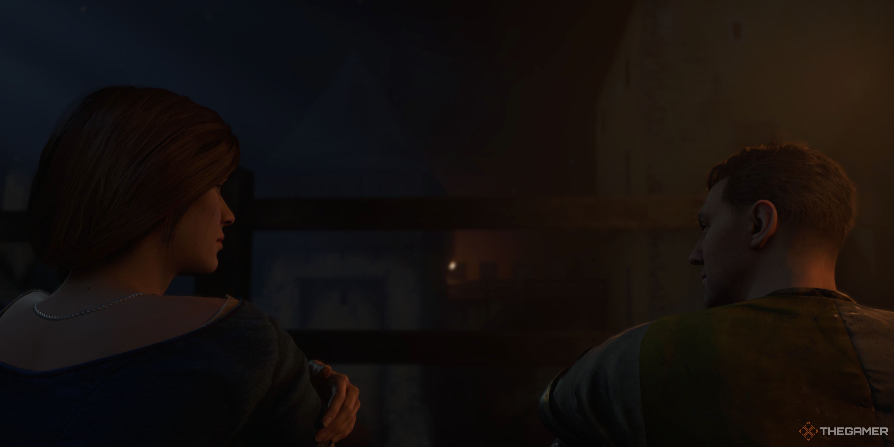 In-game cutscene featuring Henry and Katherine, looking at each other.