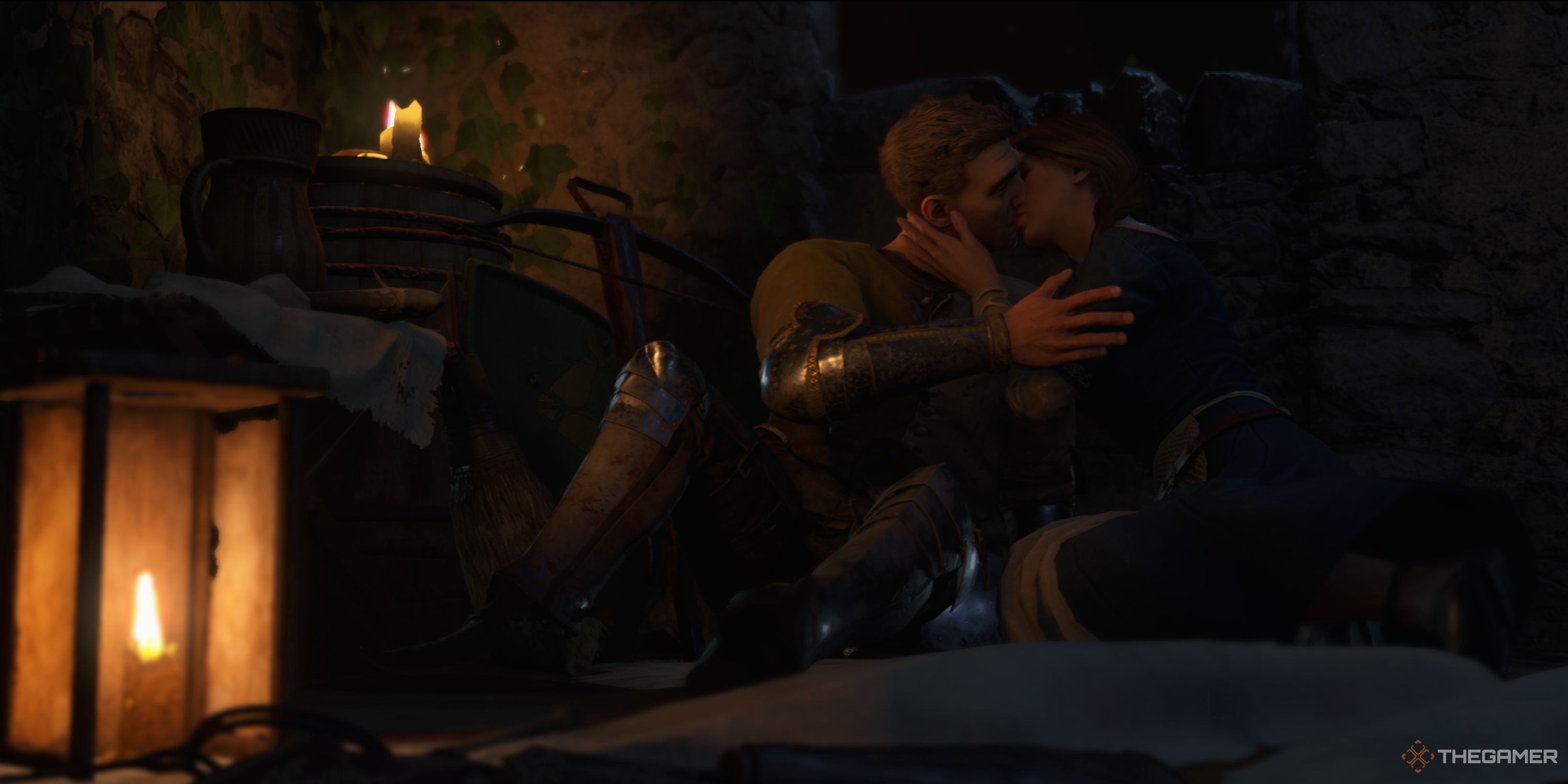 In-game cutscene featuring Henry and Katherine kissing.