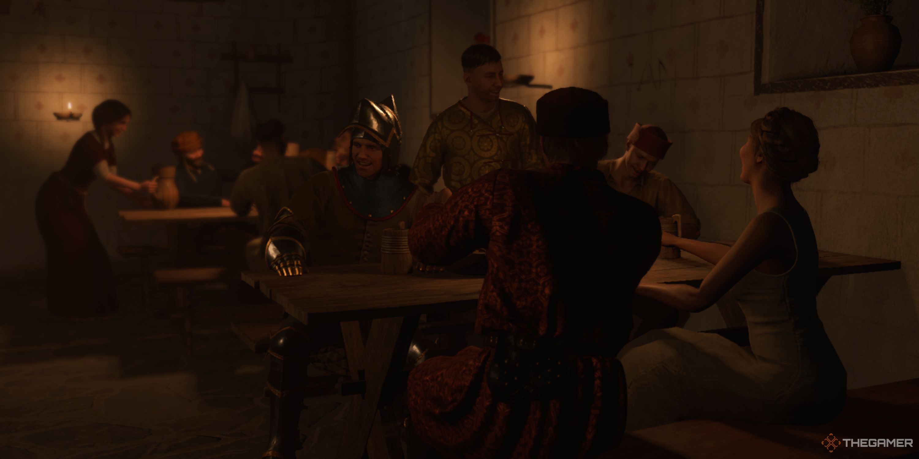 Kingdom Come: Deliverance Henry enjoying a party in the Kingfisher Bathhouse.