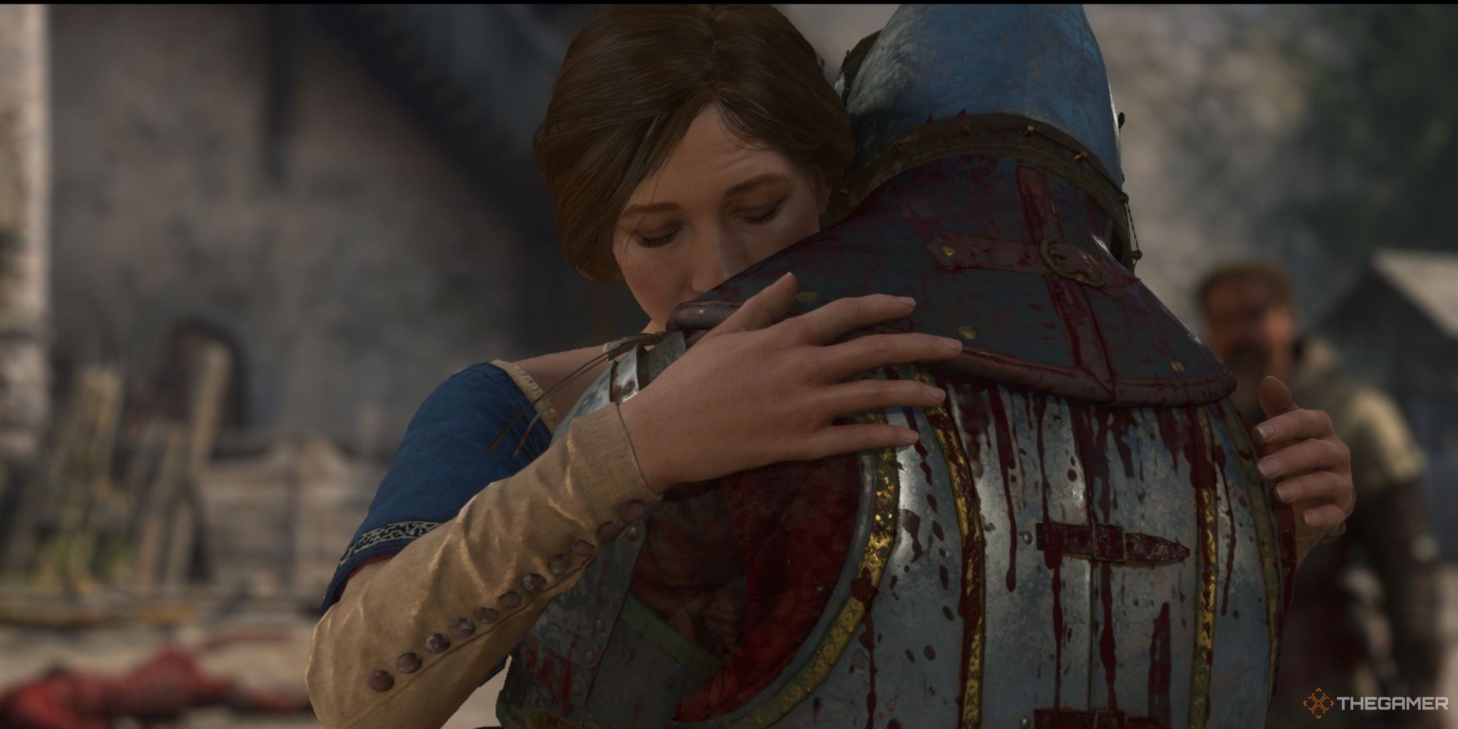 In-game cutscene featuring Henry hugging Katherine in Kingdom Come Deliverance 2.