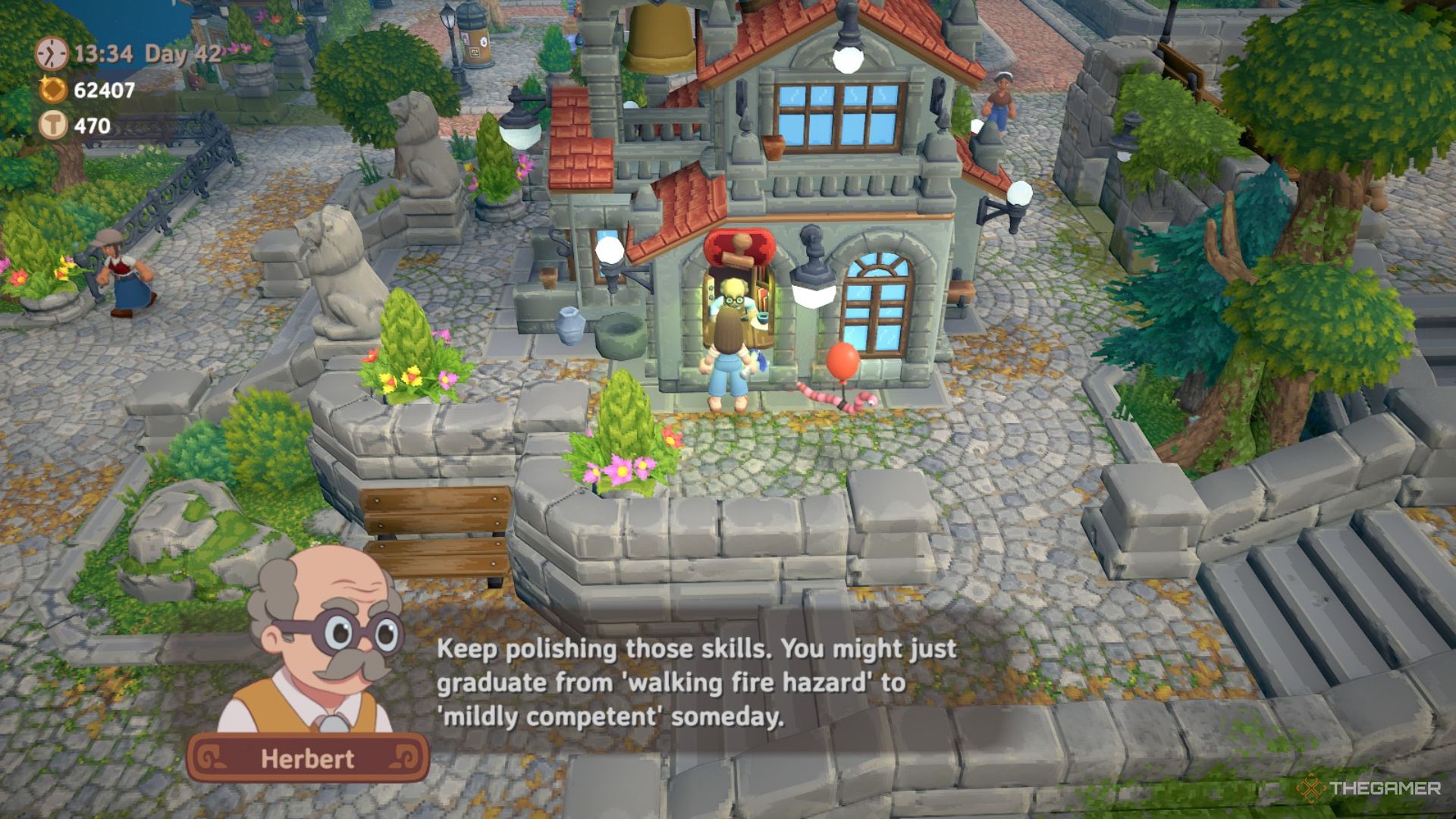 Player character speaking to Herbert at the town hall and getting a snide remark about their progress in Luma Island.