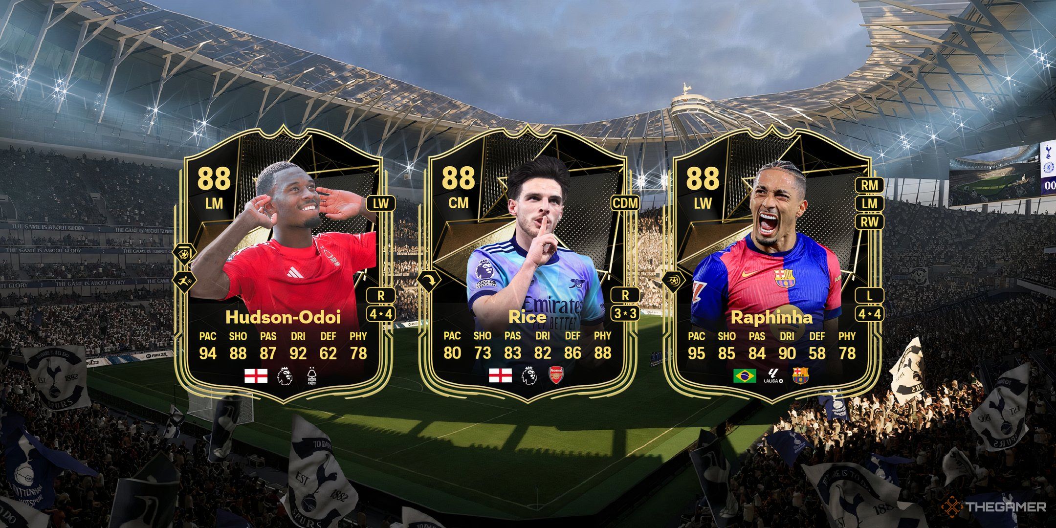 Hudson Odoi's, Rice's, and Raphinha's cards in EA Sports FC 25.