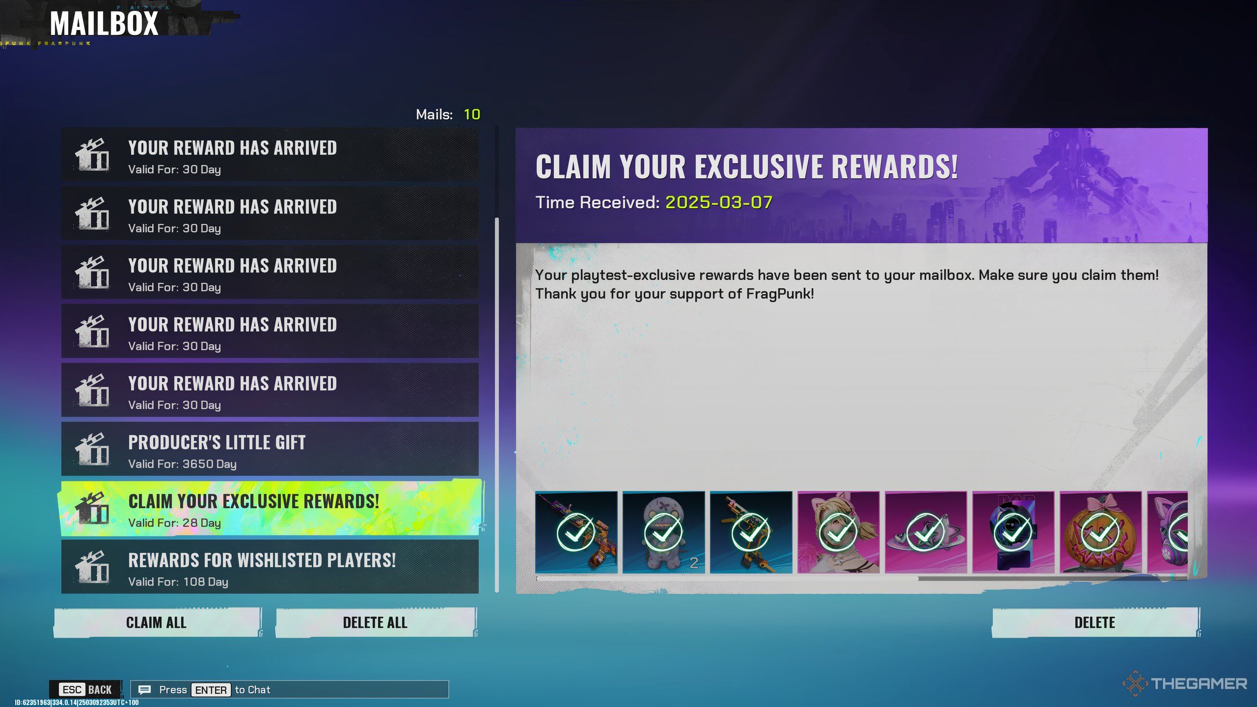 The Beta Rewards in the Mailbox of FragPunk.