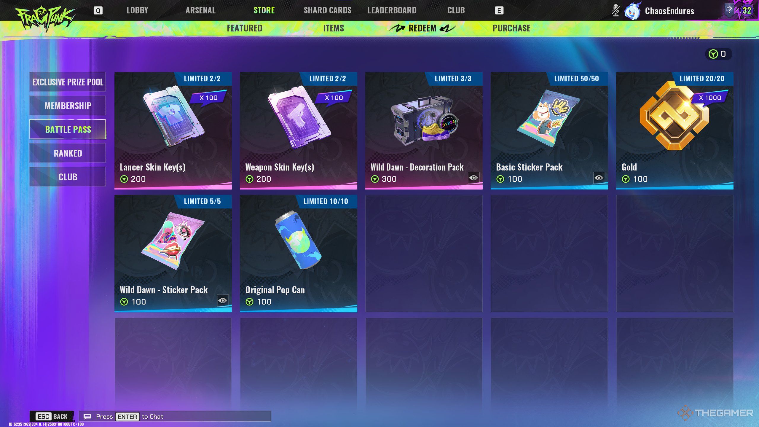 The Battle Pass Token rewards in the Redeem section of the Store in FragPunk.