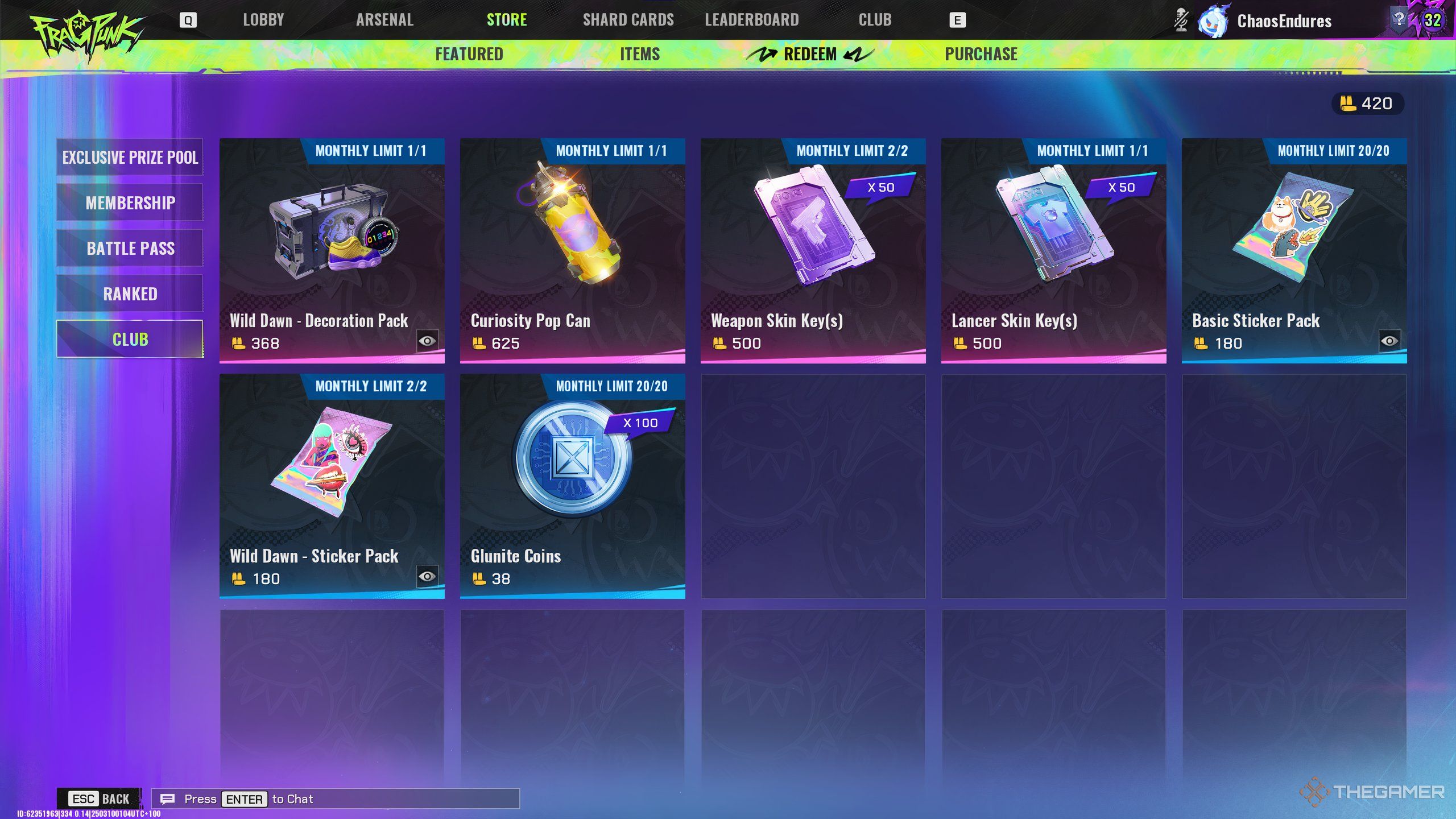 The Club Supplies rewards in the Redeem section of the Store in FragPunk.