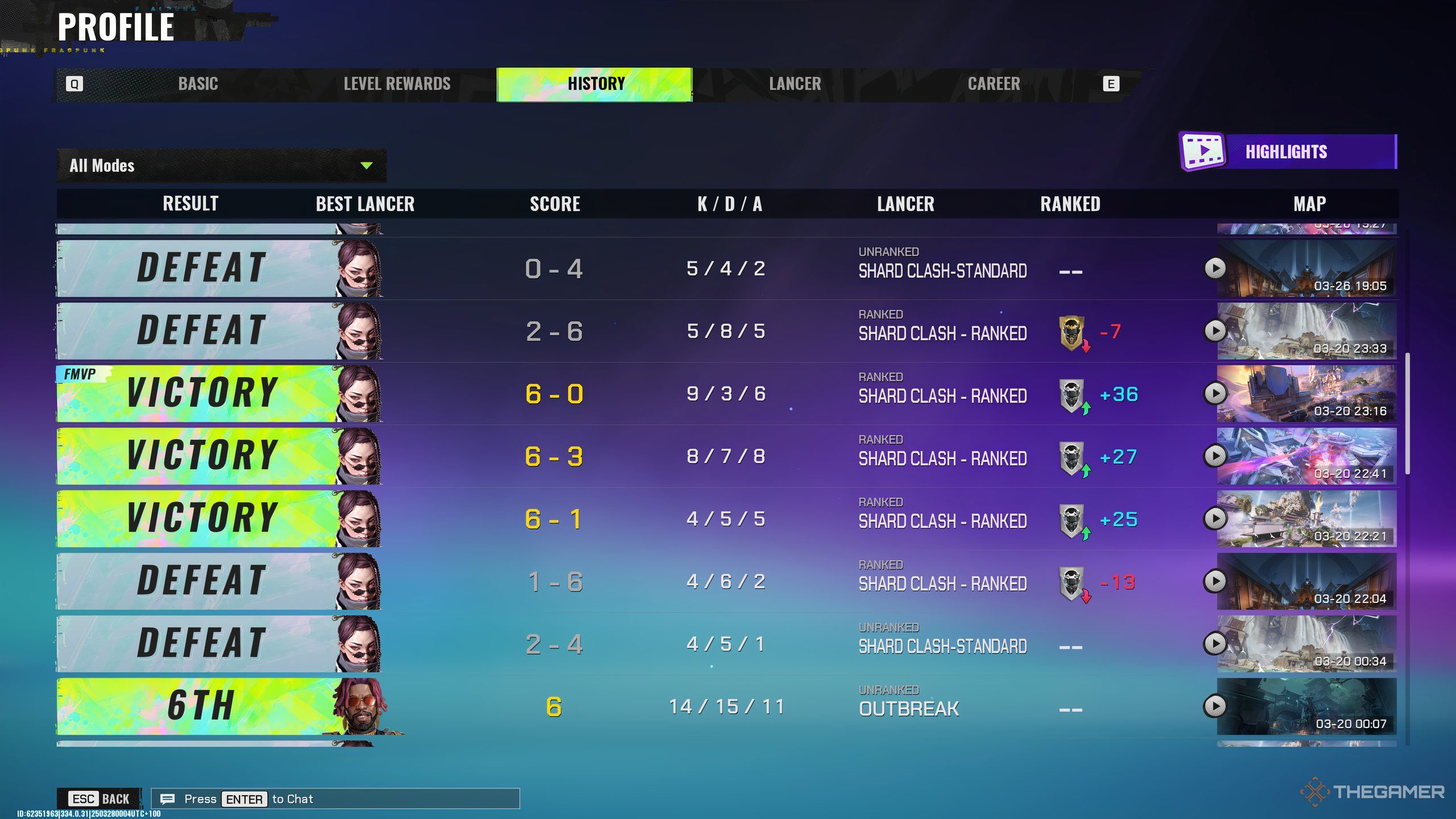 Match history in the profile tab, where players can see the benefits and disadvantages of rank point in Faripinic.