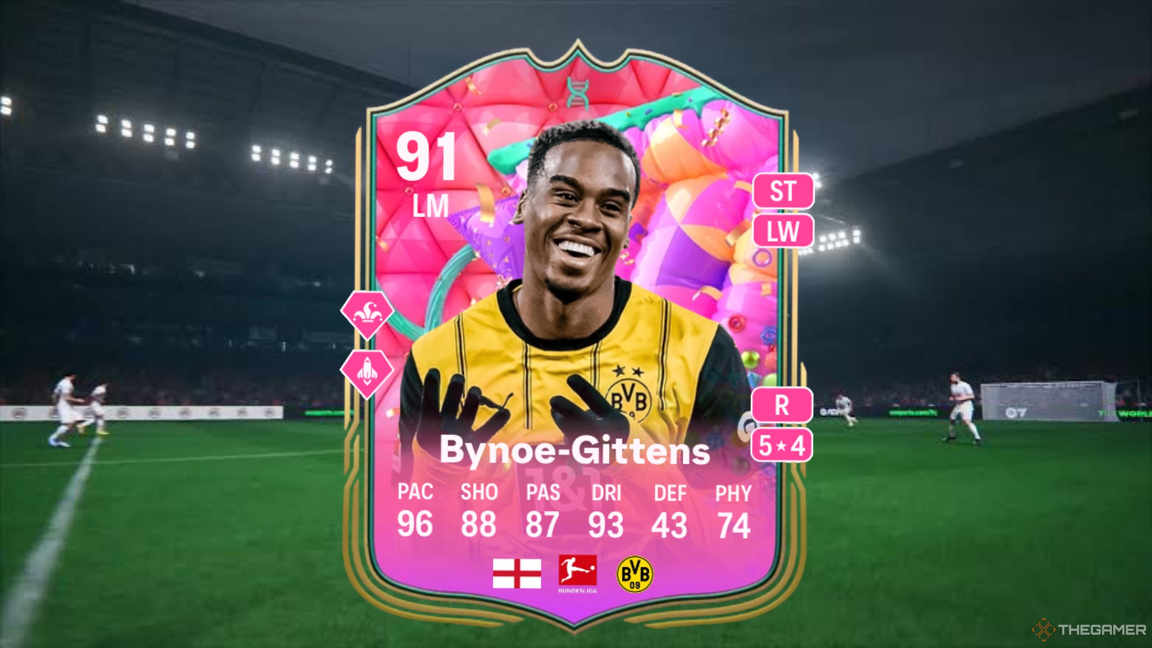 Image showing Bynoe-Gittens card against a faded pitch background.