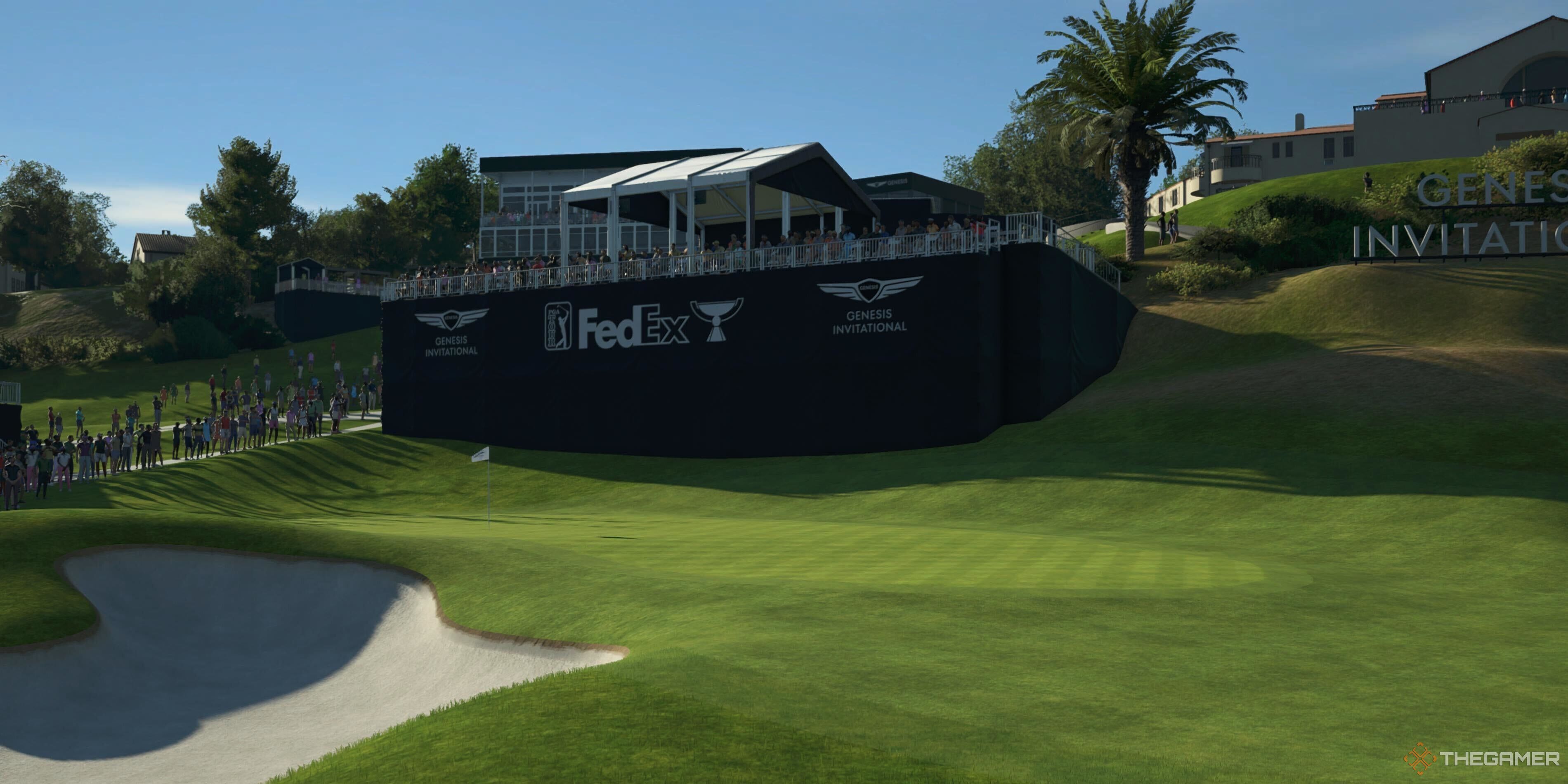 A hole and a grandstand in PGA Tour 2K25.
