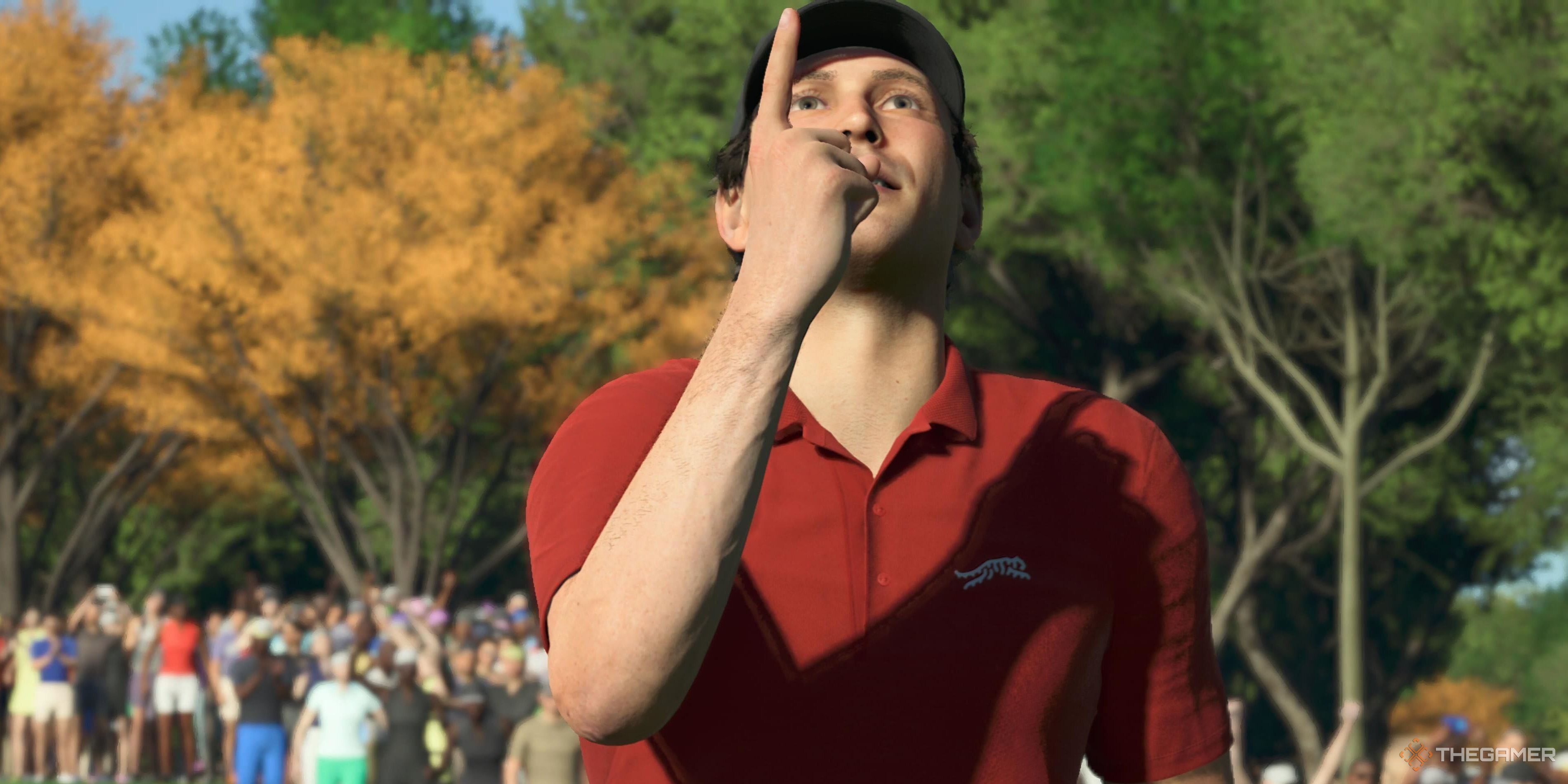 A player pointing up in PGA Tour 2K25.