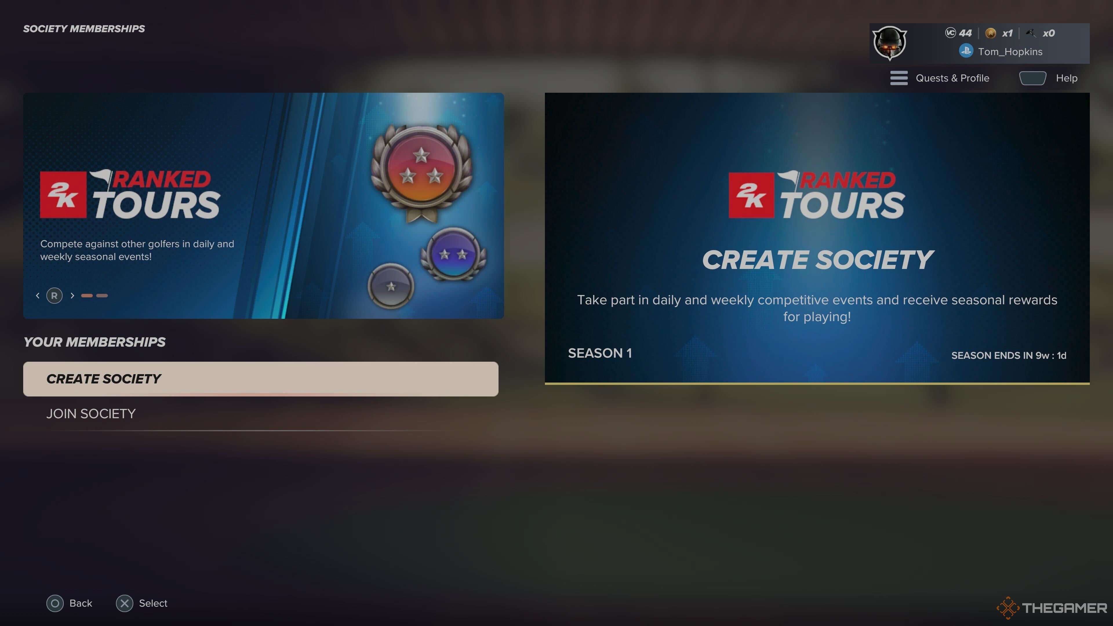 The main societies screen in PGA Tour 2K25