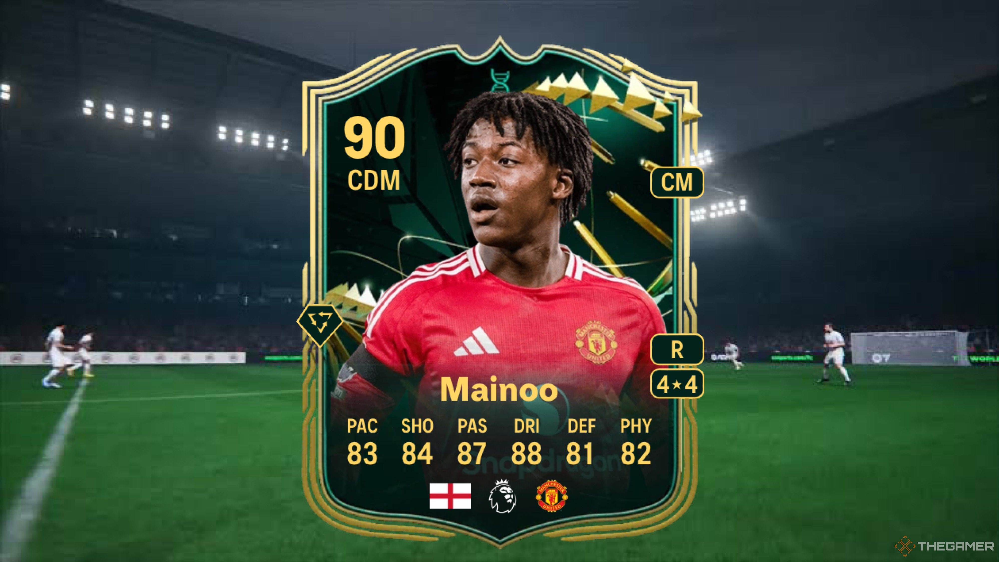 Image shows Mainoo card in front of a faded pitch background.