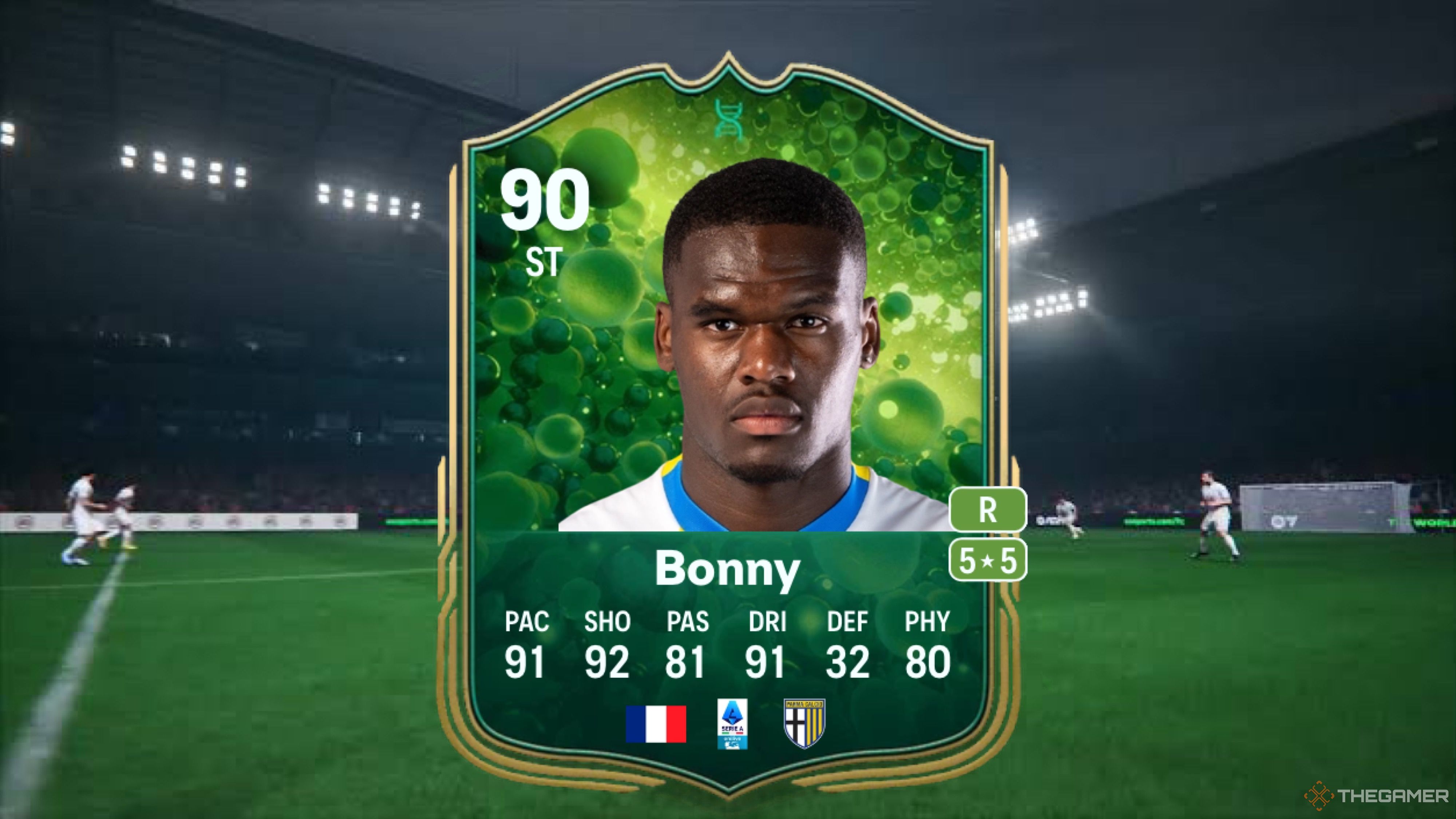 Image showing Bonny card against a faded pitch background.