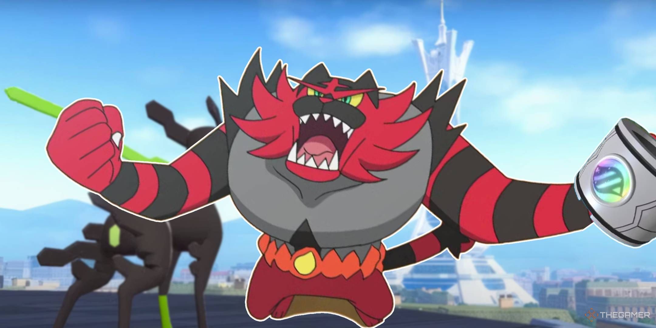 Incineroar screaming in front of a Kalos scene in Lumiose City