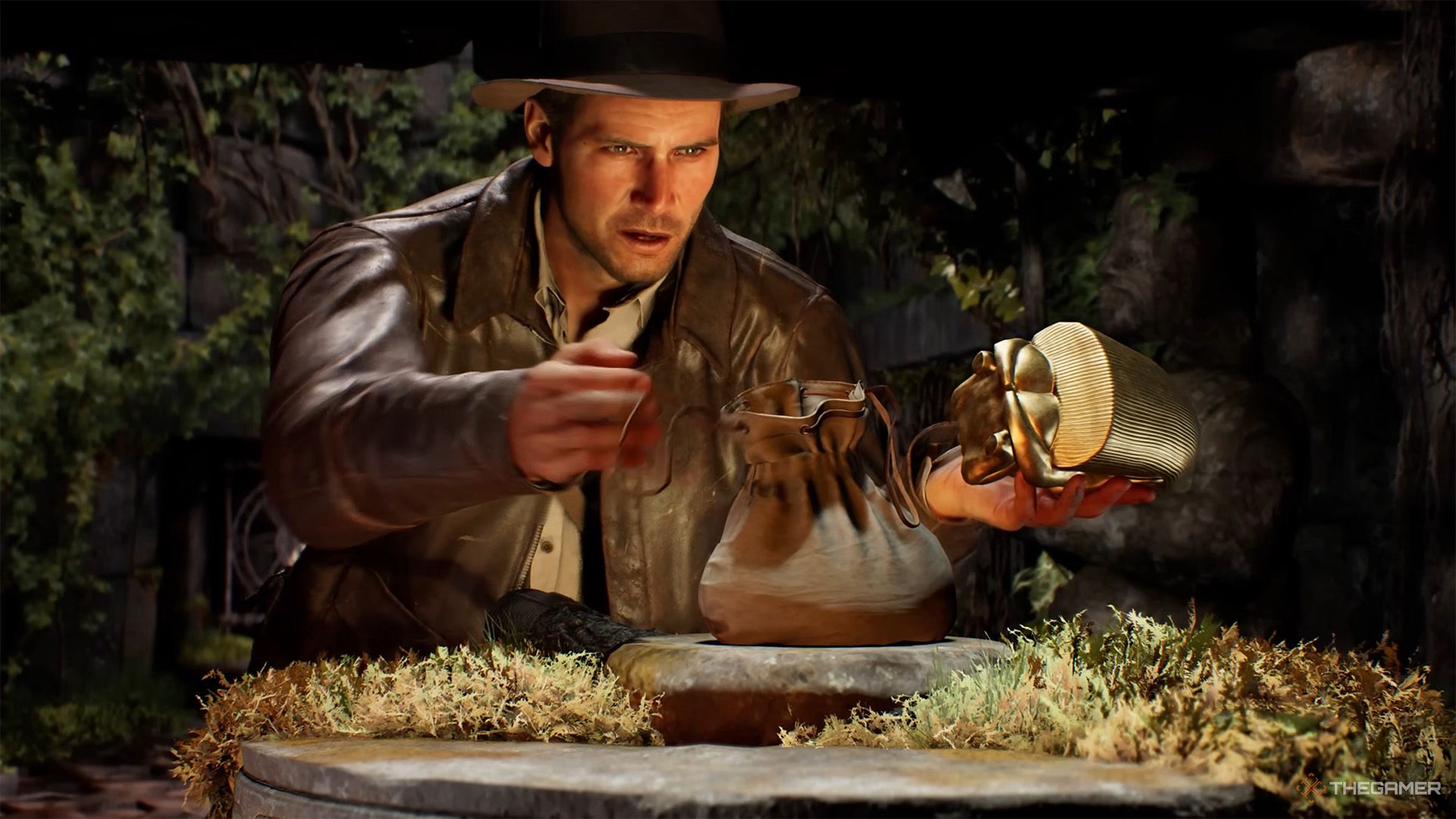 Indy takes the golden idol and places a bag of sand instead of it.