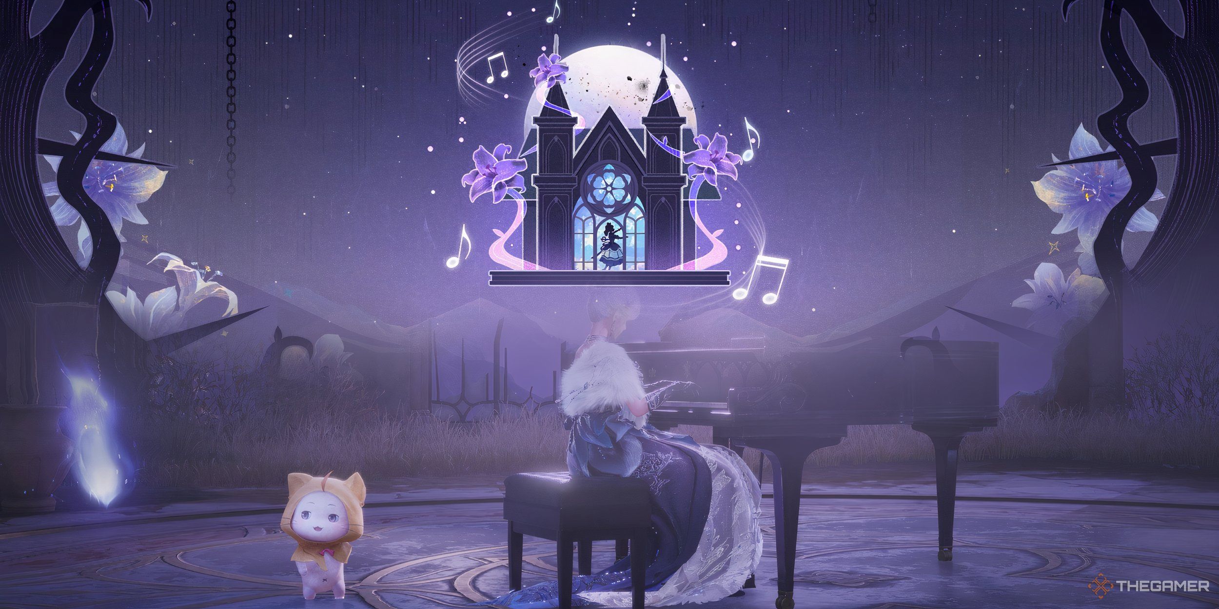 Nikki and Momo playing the piano in the ruins with an overlay of the queen's castle in the foreground.