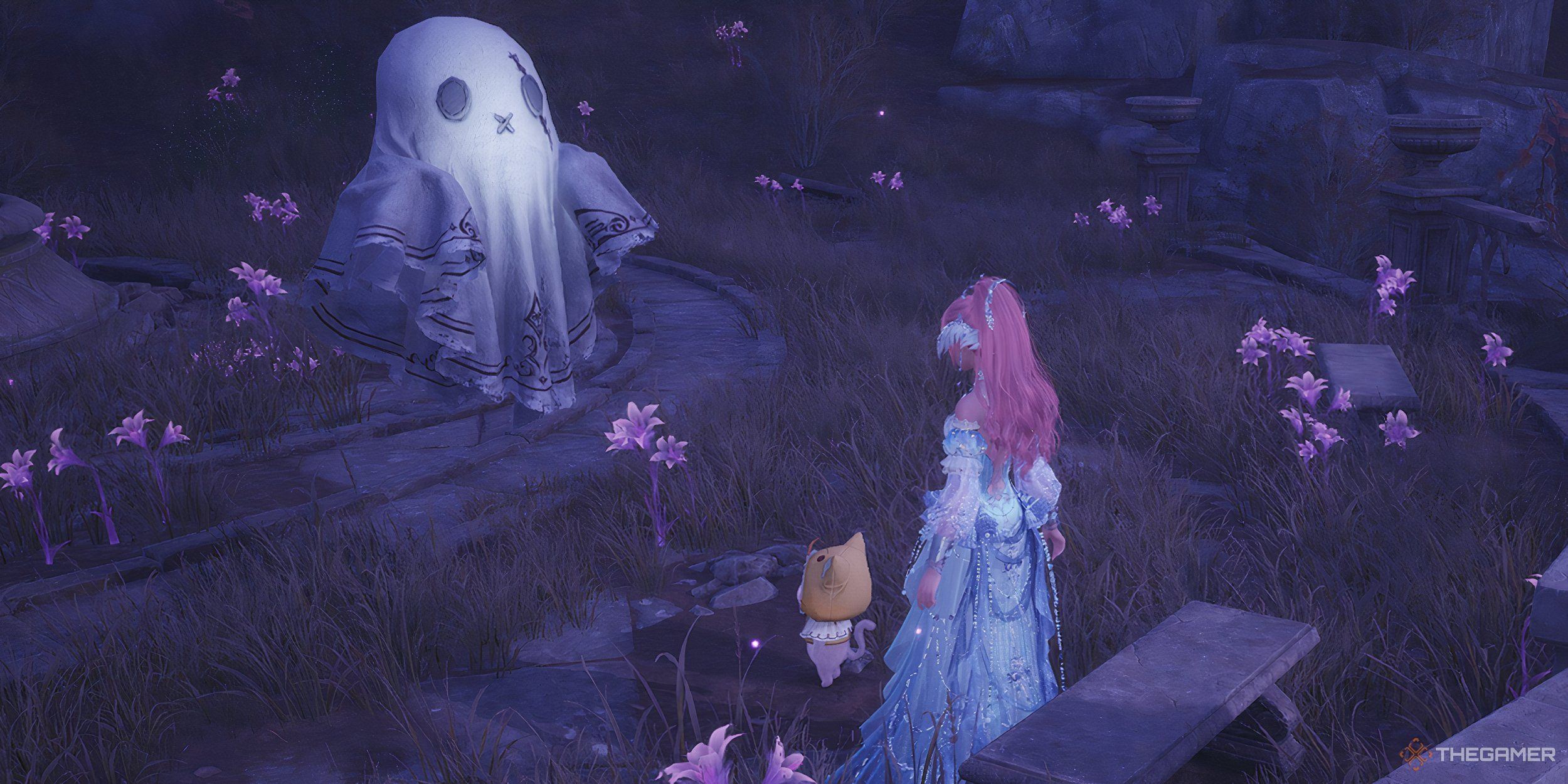 Nikki and Momo talking to a ghost in the moonlight, surrounded by illusiblooms.