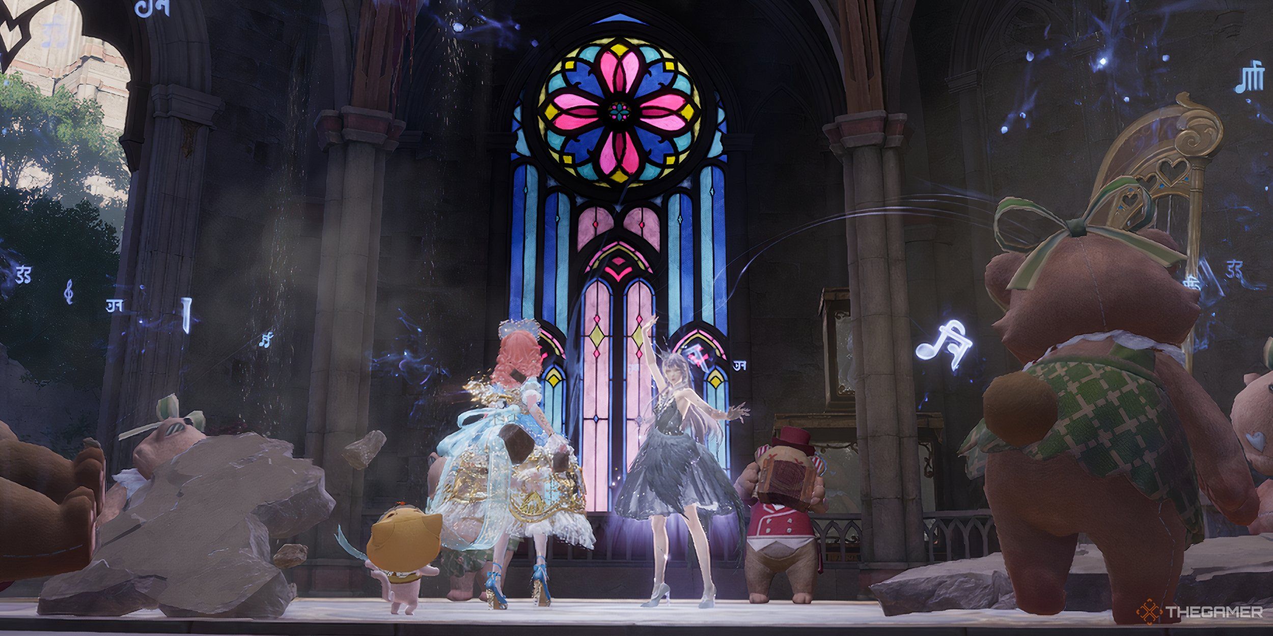 Nikki, Momo and Queen Philomia. Inside the wreckage of the castle with stuffed bears around them.