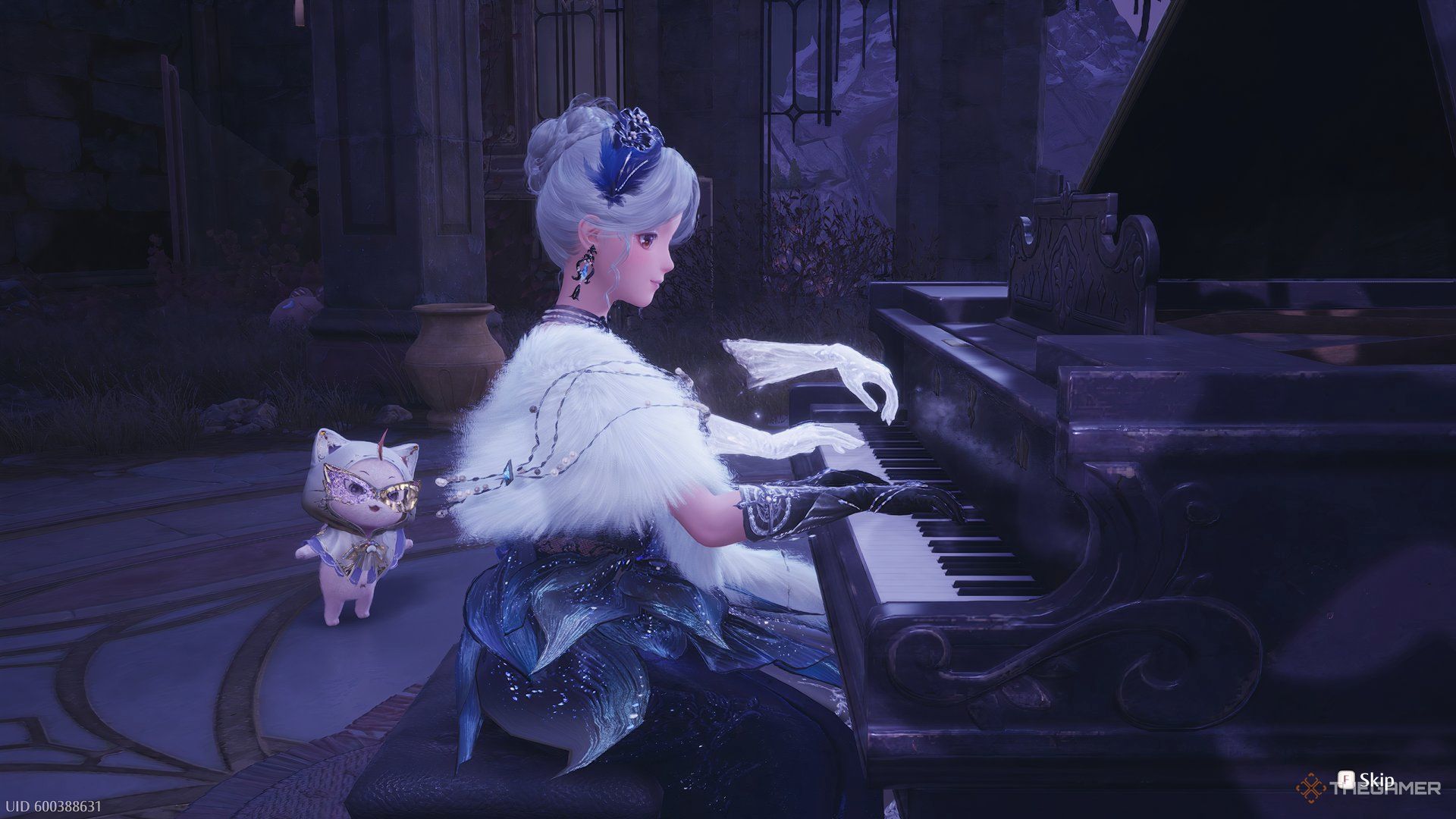 Nikki playing the piano with a pair of pantom gloves while Momo watches.