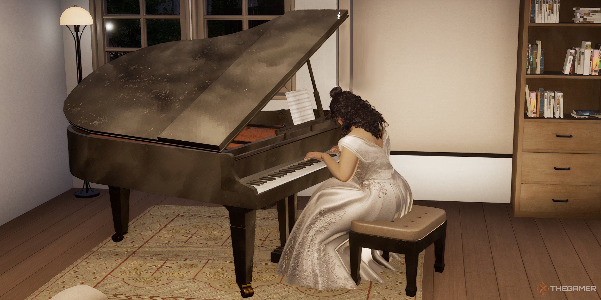 A woman in a wedding dress playing the piano passionately.