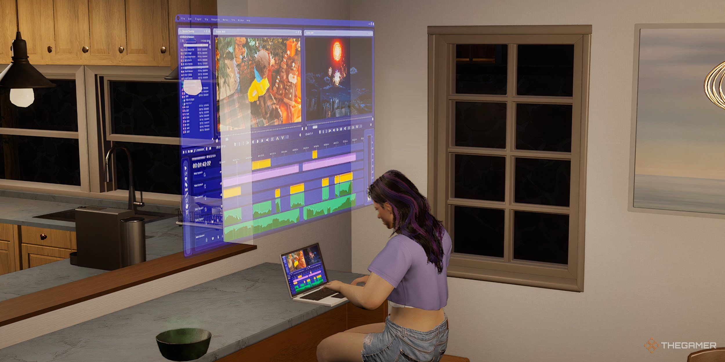 A woman making a video on her computer at the countertop.
