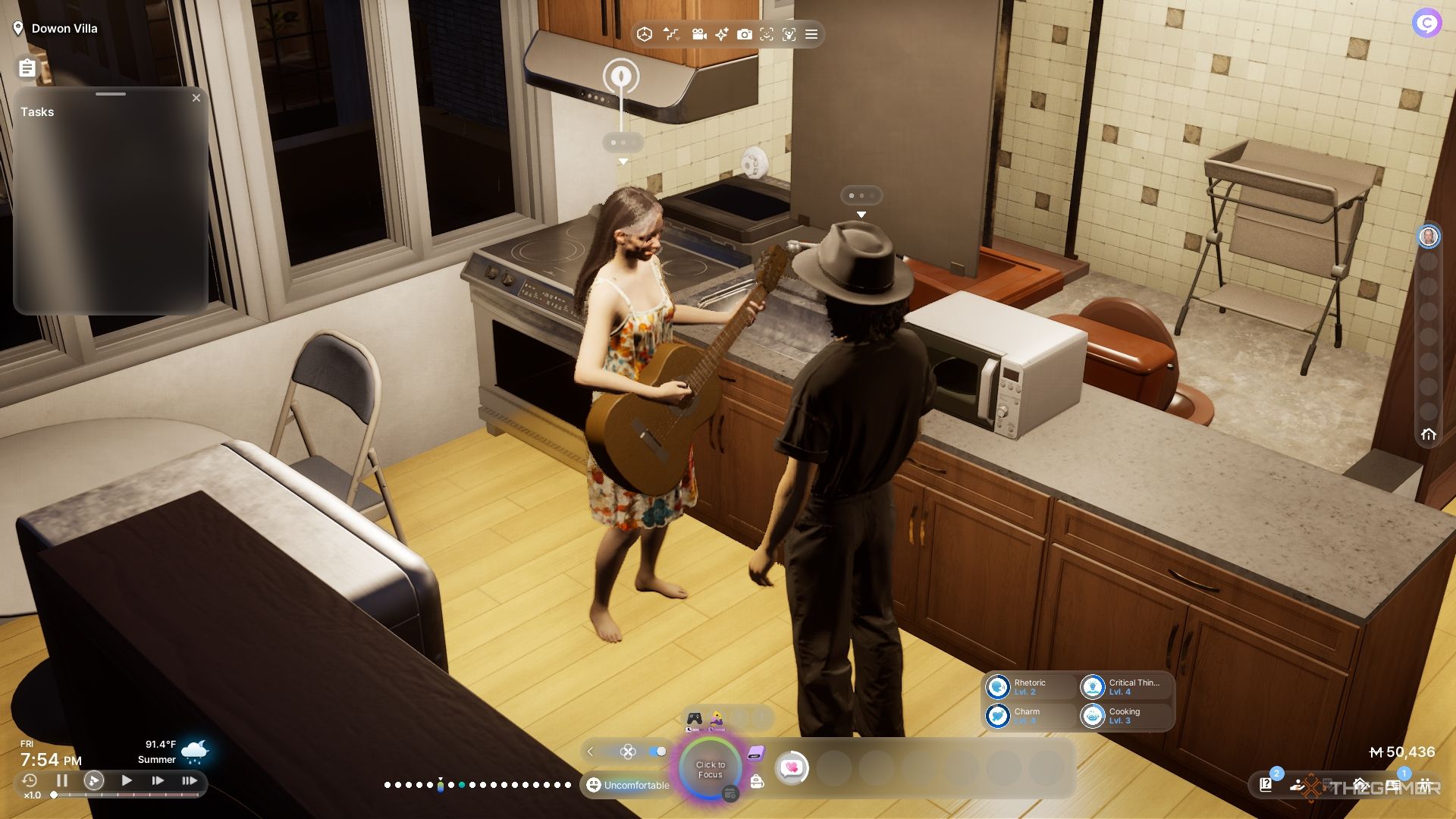 A woman serenading her fiance in their apartment.