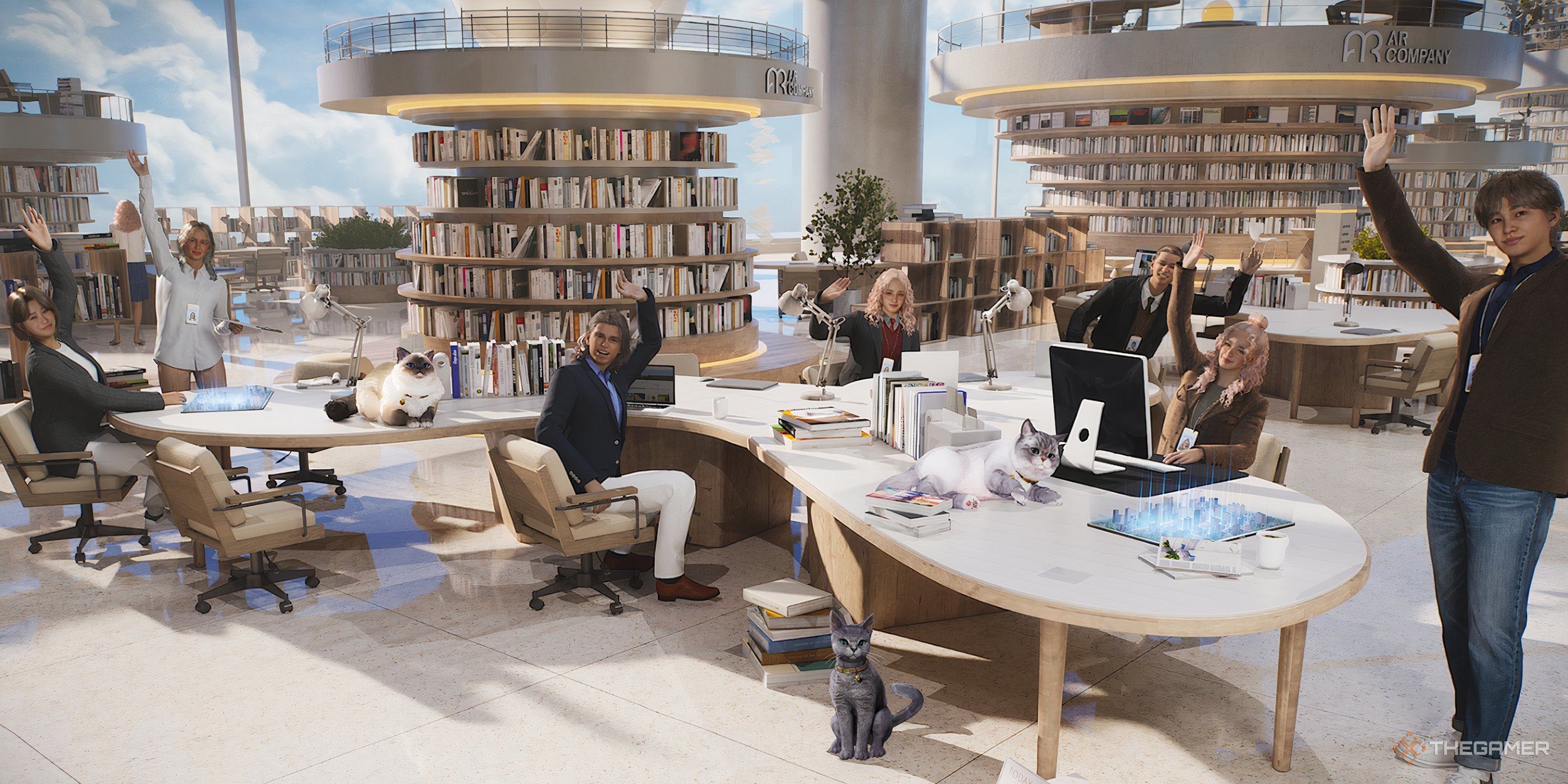 inZOI AR Company employees surrounding a desk cubicle with cats and bookshelves.