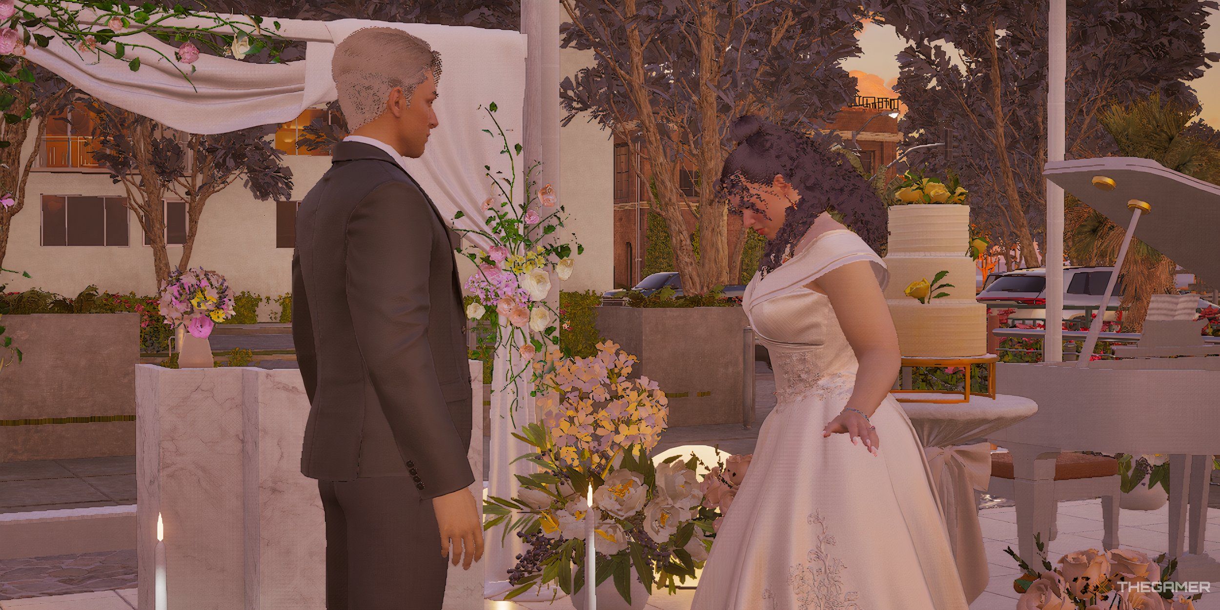 Two Zois at an altar at sunset, preparing for a wedding.