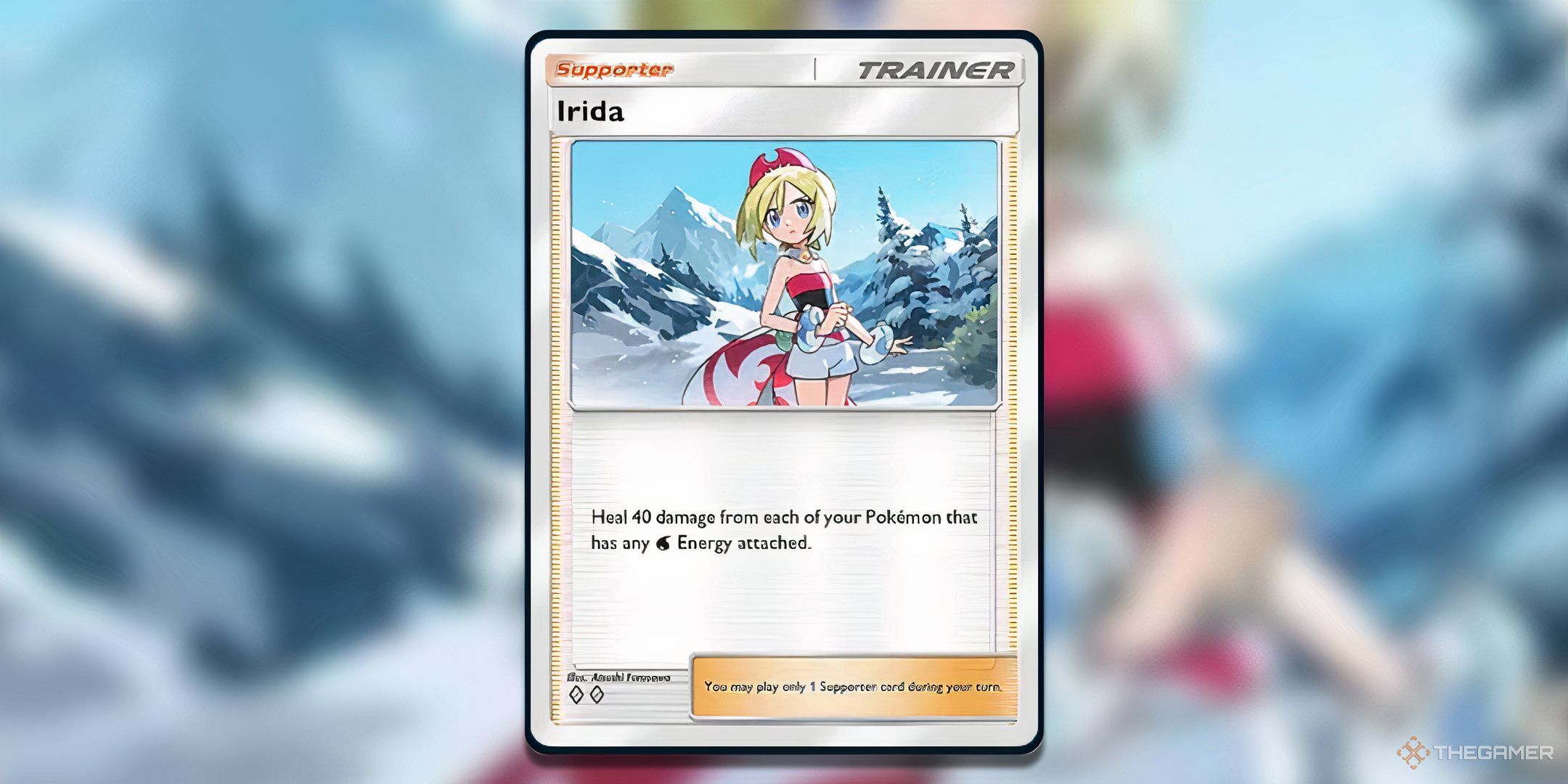 Irida against a Gaussian Blur in Pokemon TCG Pocket