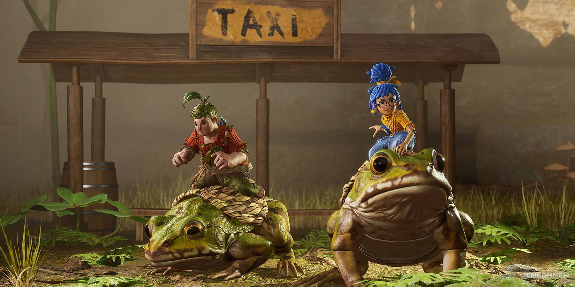 Cody and May sitting on Frog Taxis in It Takes Two.