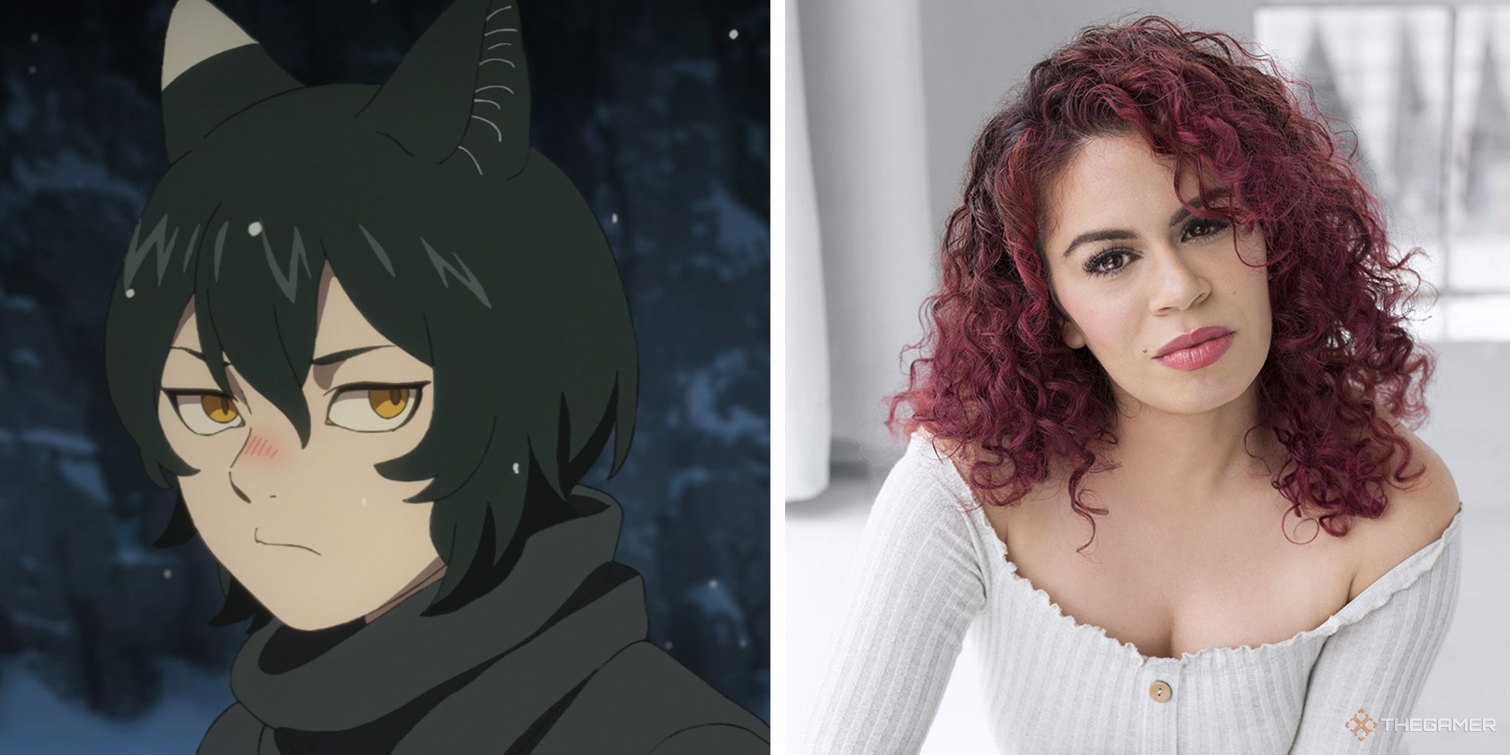 A split image of Izutsumi Delicious in Dungeon and her voice actor Laura Stahl.