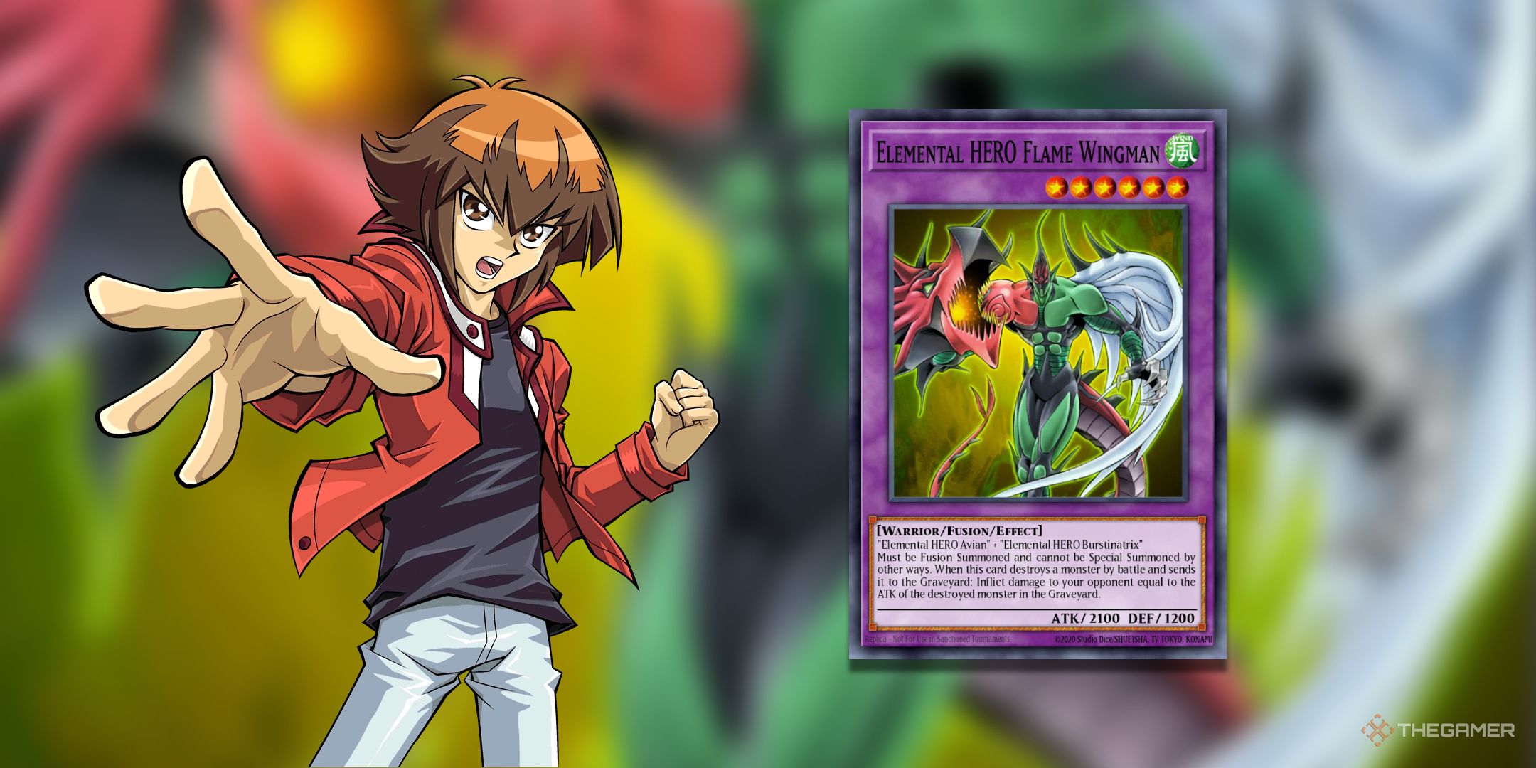 Jaden Yuki next to Elemental Hero Flame Wingman from the Yu-Gi-Oh! TCG.