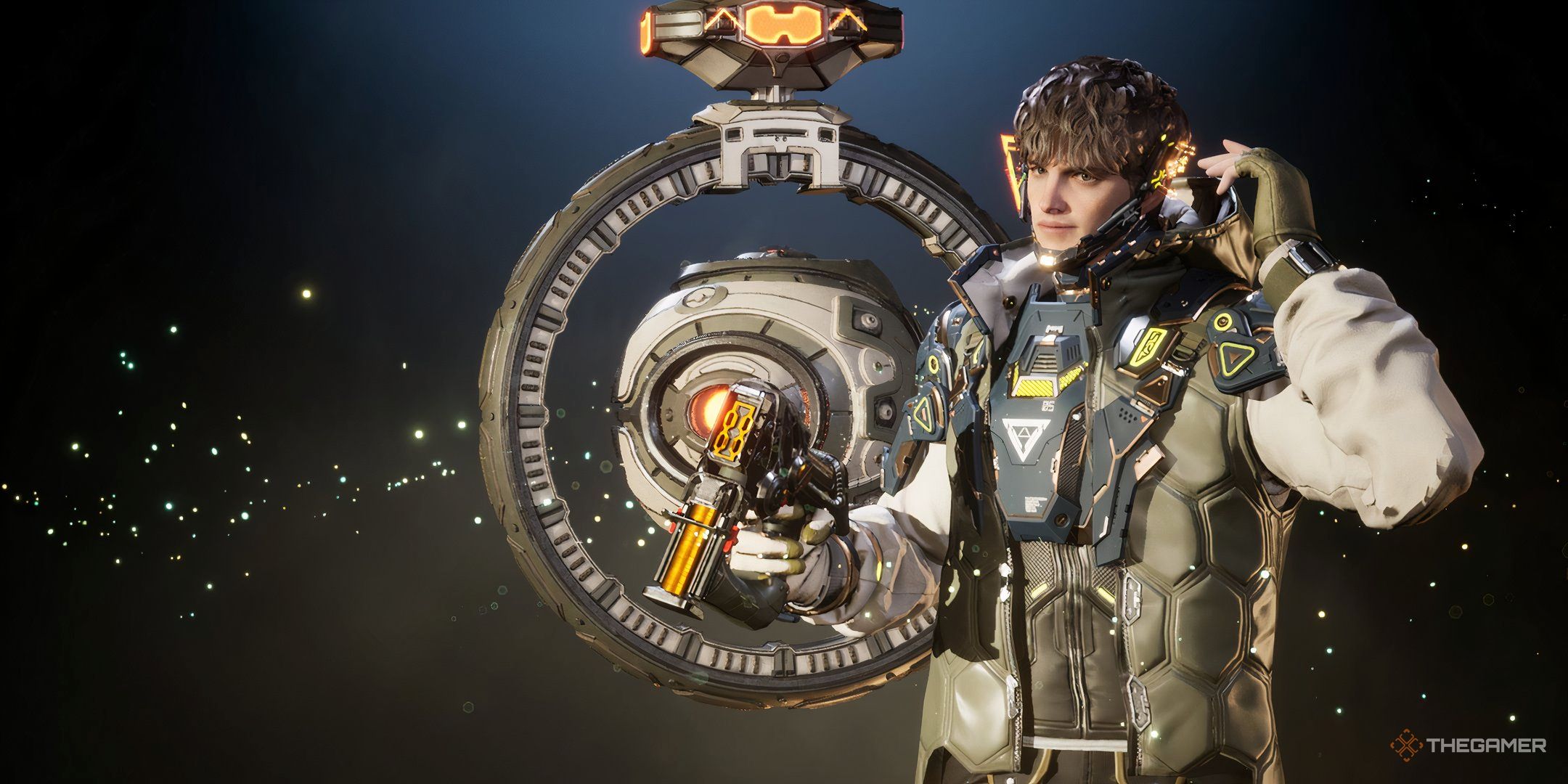 Jayber standing beside his turret and holding his Multi-purpose Gun in The First Descendant.