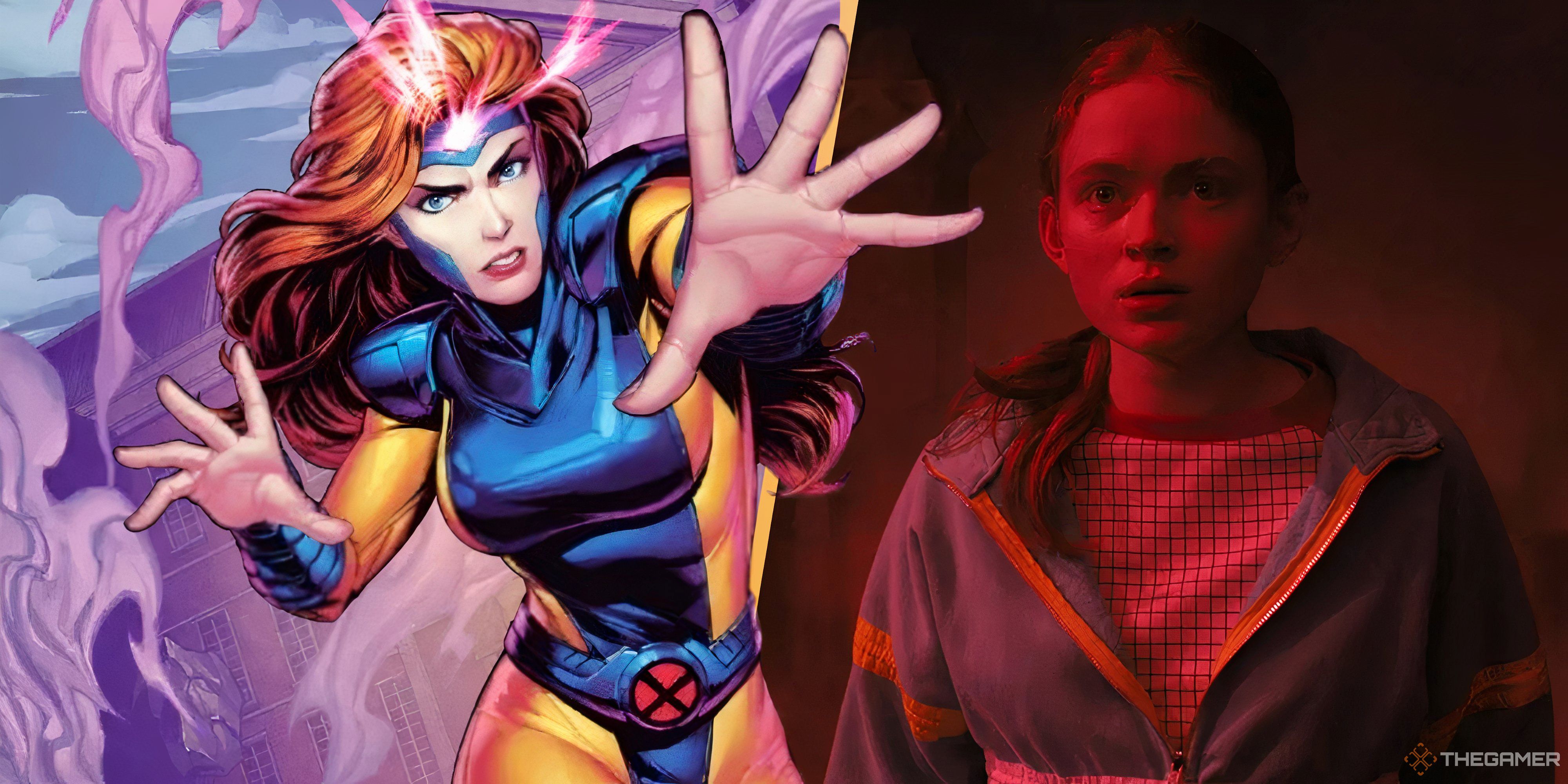 jean grey from marvel snap reaching out of the screen next to sadie sink in stranger things.