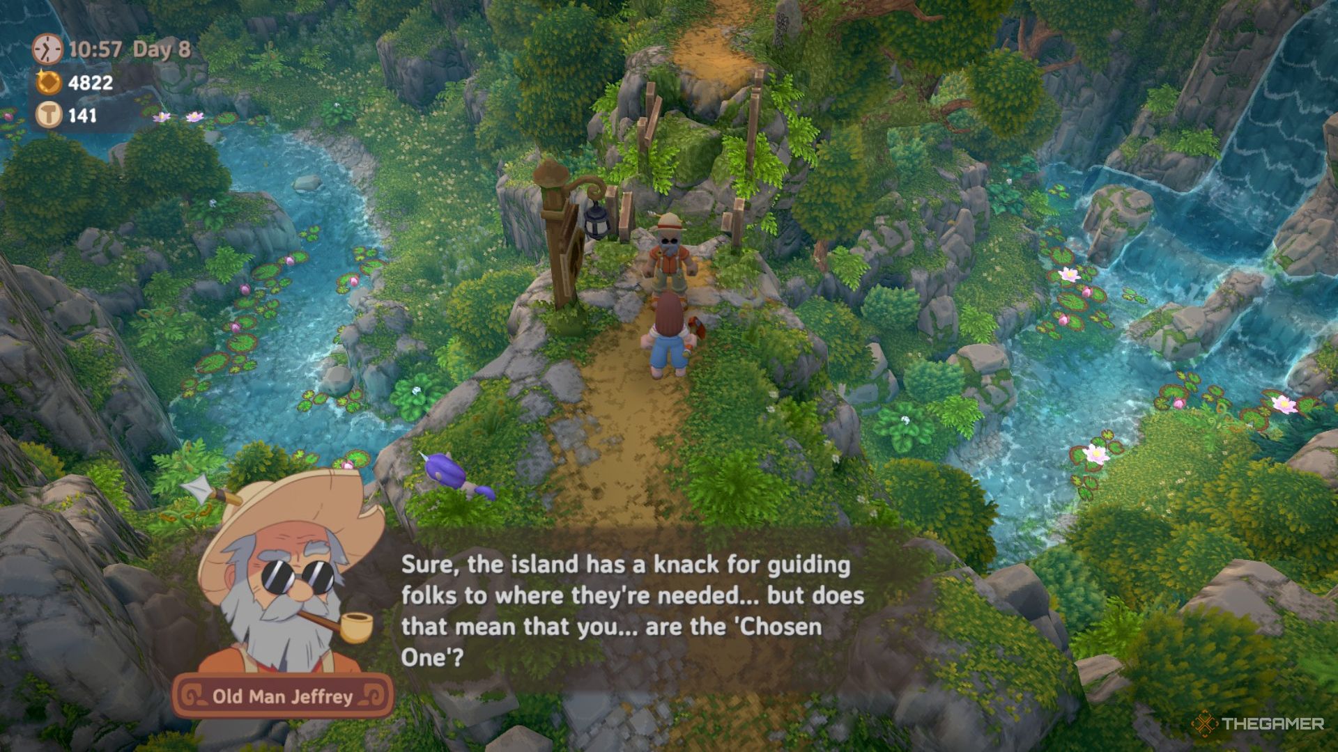 Player character meeting Old Man Jeffrey at the bridge to the forest in Luma Island.
