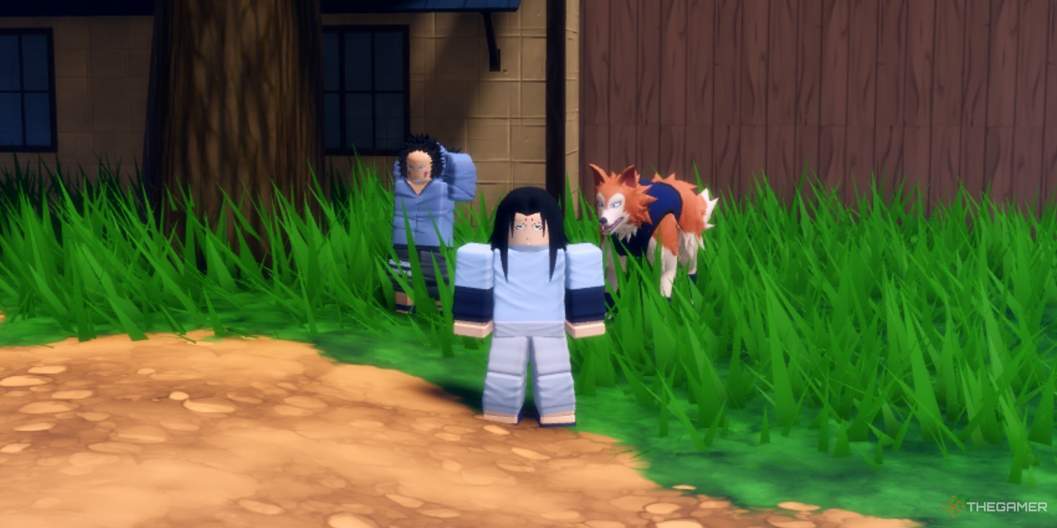 The player character shows Kaba NPC with his dog in the Leaf Village in Ninja Time.