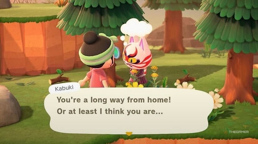 Kabuki telling the player she&rsquo;s far from home in Animal Crossing New Horizons.