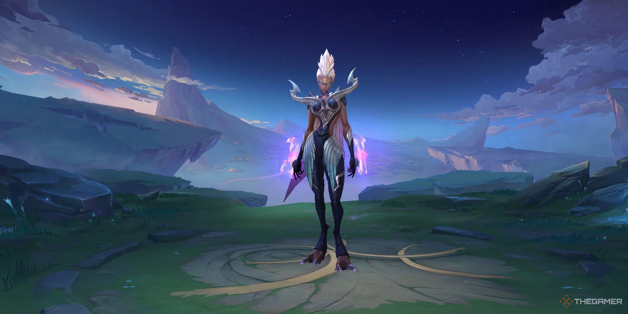 Karrie from Mobile Legends Bang Bang standing in her character display page.