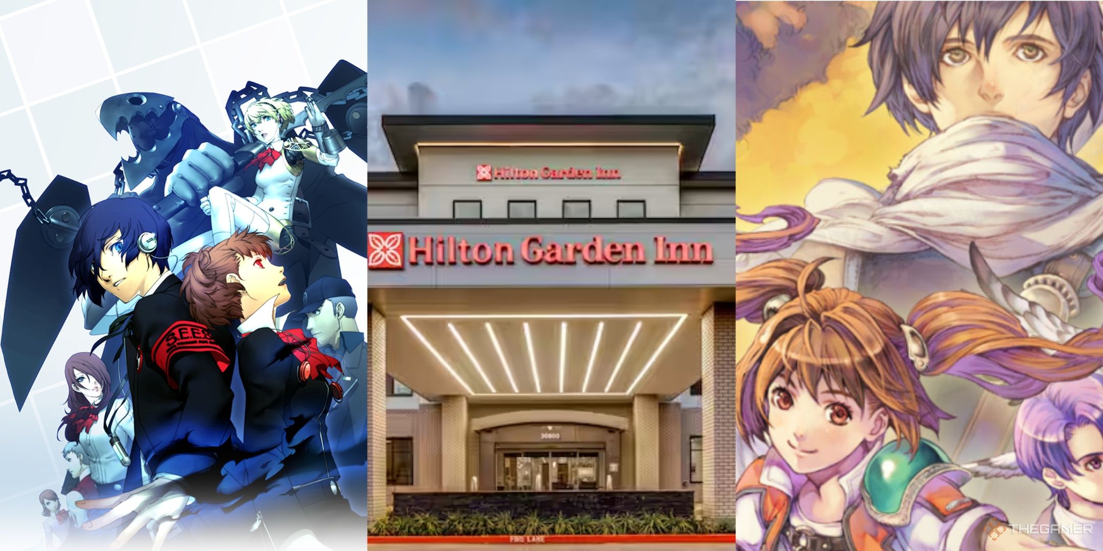 Key art for Persona 3 Portable and Legend of Heroes Trails in the Sky, plus a promo image from Hilton of a Hilton Garden Inn