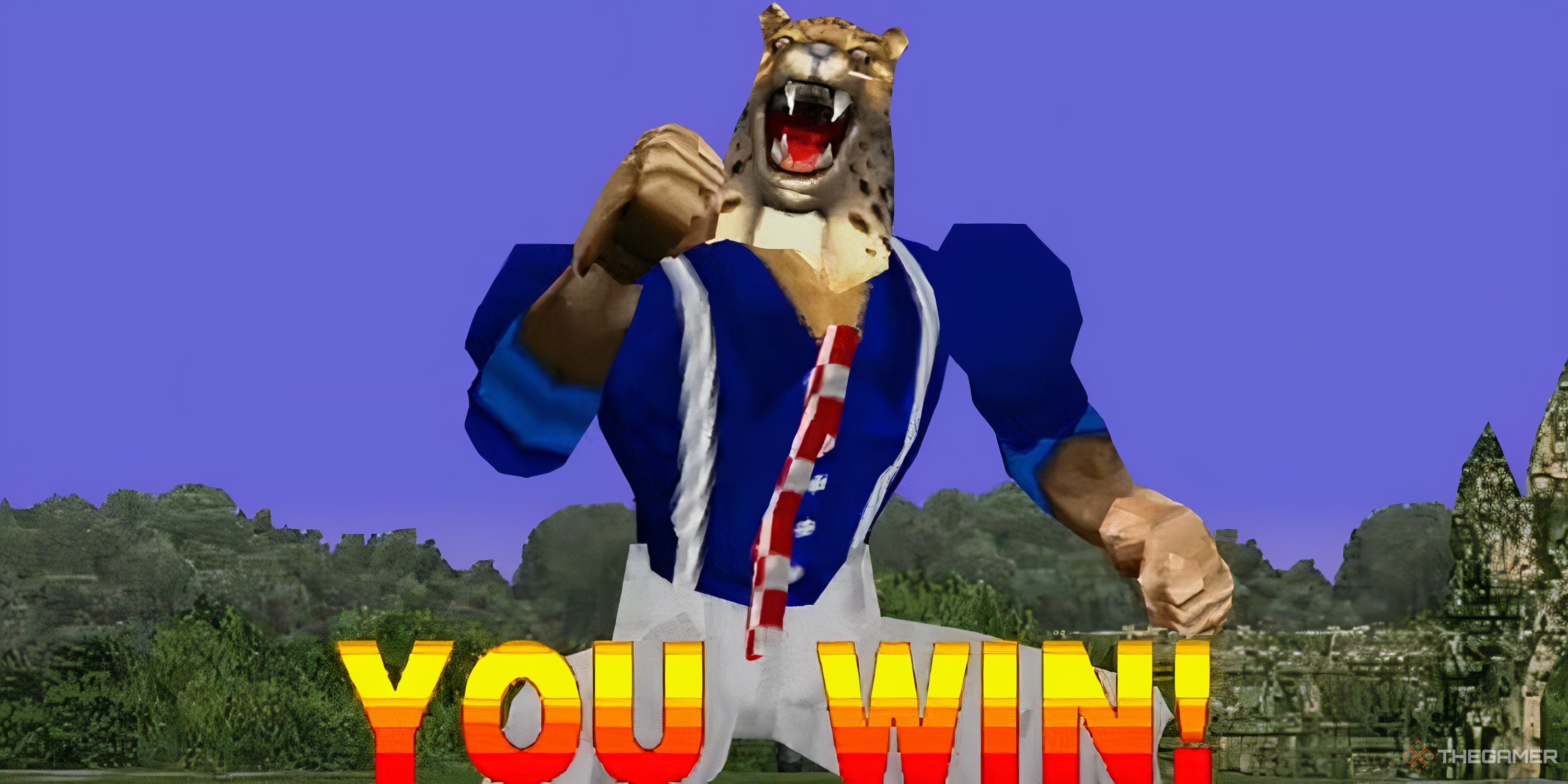 King raising his fist in victory while on-screen text reads 'You Win' in Tekken 1 for the PS1.