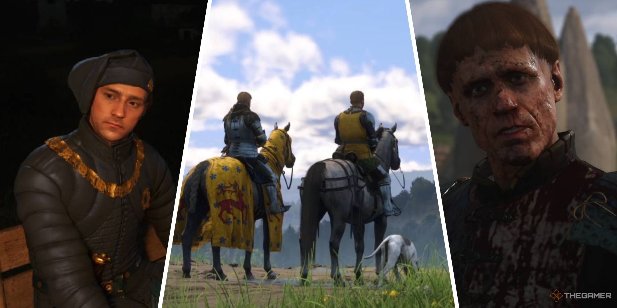 Kingdom Come Deliverance 2 collage with John of Liechtenstein, Dry Devil, Hans, Henry, and Mutt.