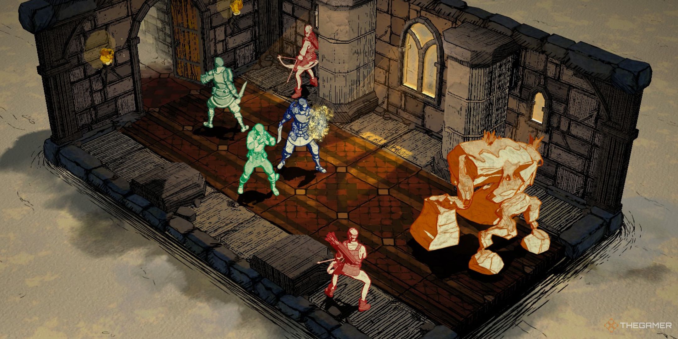 a cleric, brawler, and fighter begin the golem boss fight at the end of chapter two in knights in tight spaces.