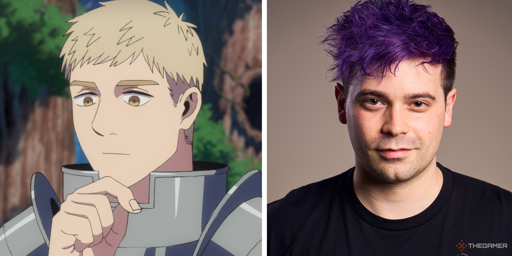 A split image of Laios Touden from Delicious in Dungeon and his voice actor Damien Haas.