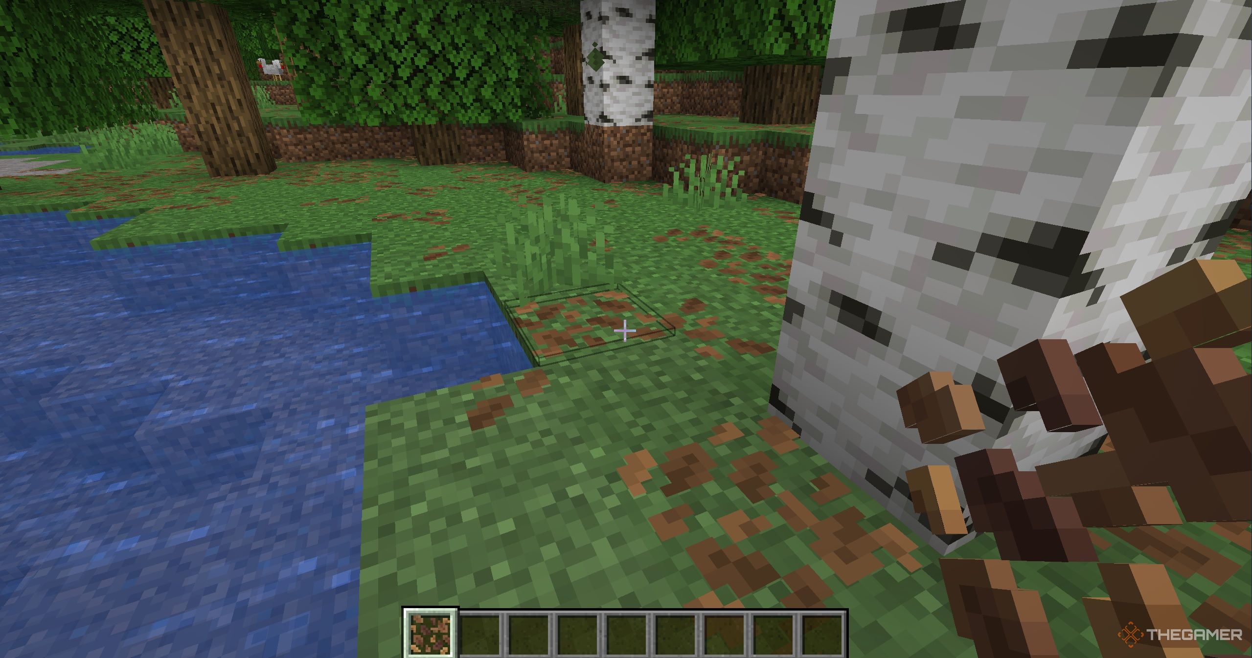 A picture of leaf dirt in the mine craft on the ground. 