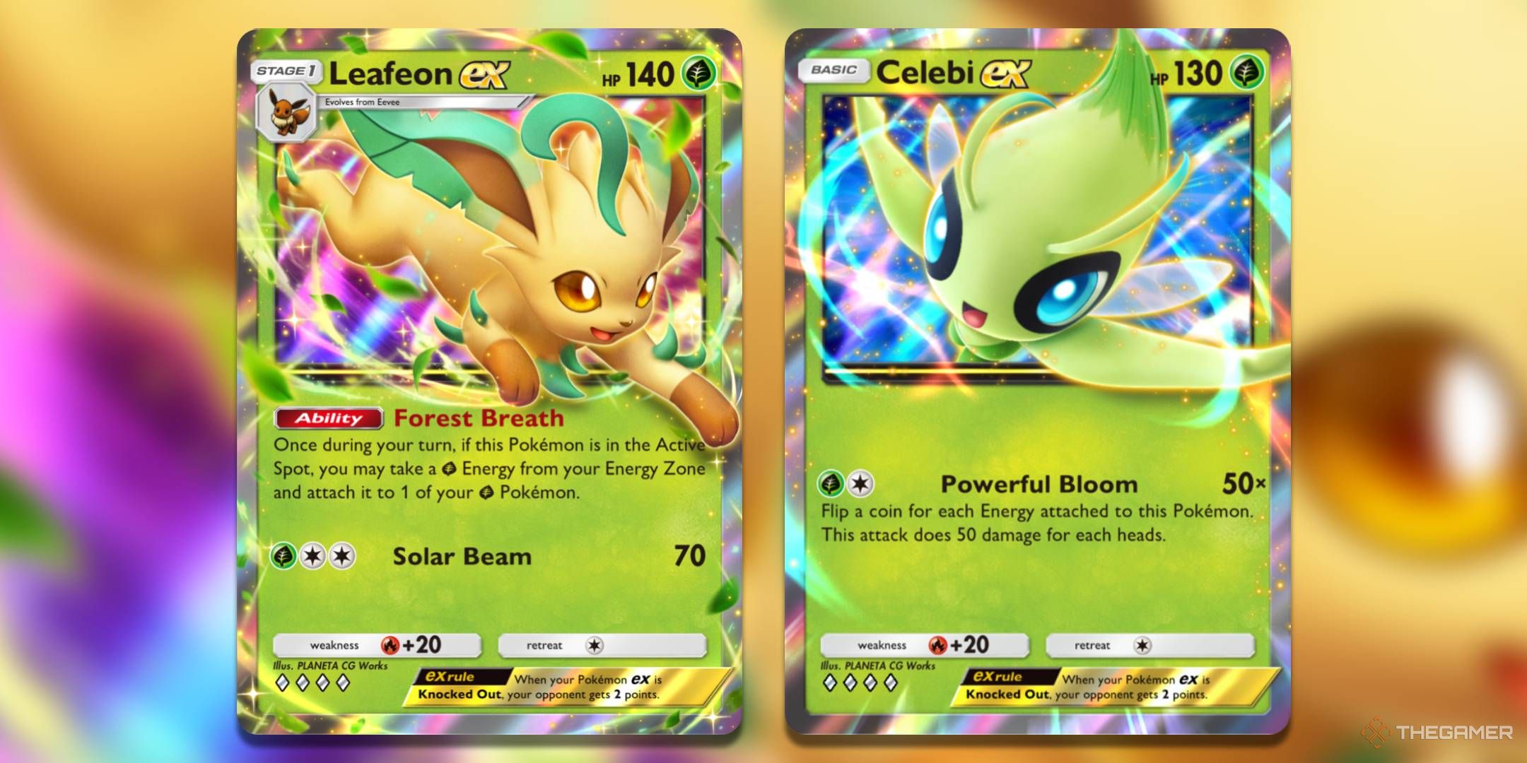 The Leafeon ex card, from Triumphant Light, and the Celebi ex card, from Space-Time Smackdown.