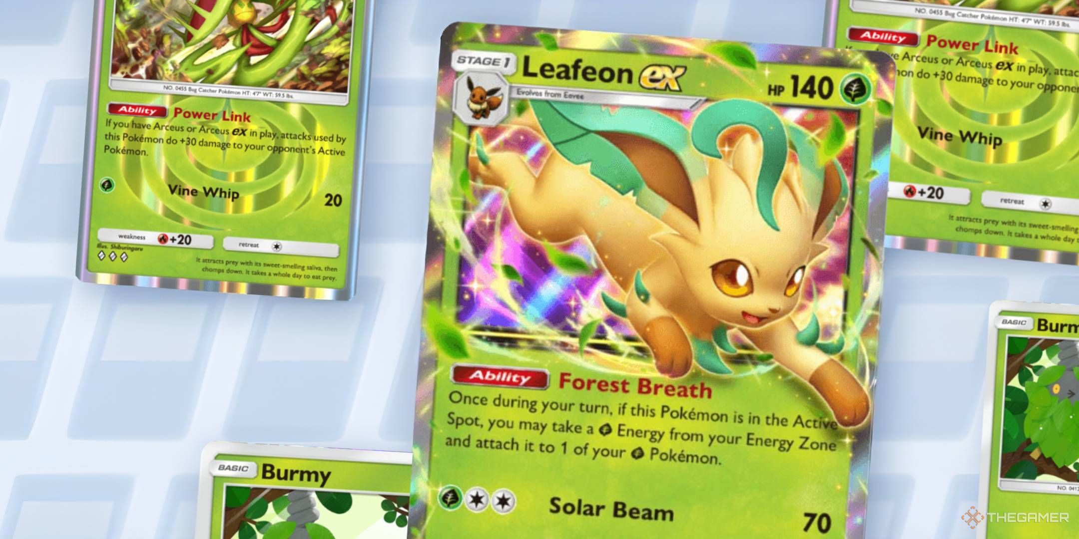 A banner showing Leafeon ex in the foreground, with copies of Burmy and Carnivine in the background.