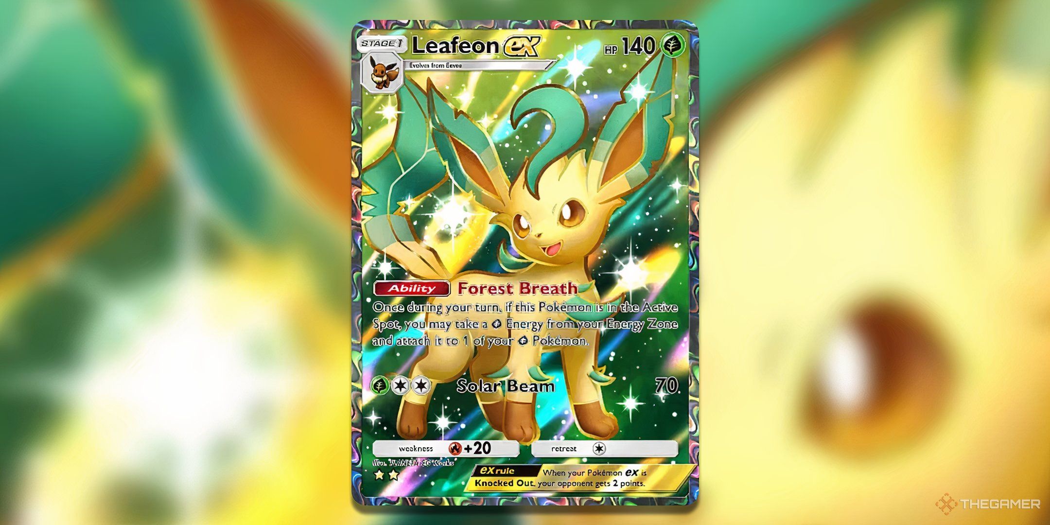 Leafeon ex Super Rare against Gaussian Blur in Pokemon TCG Pocket