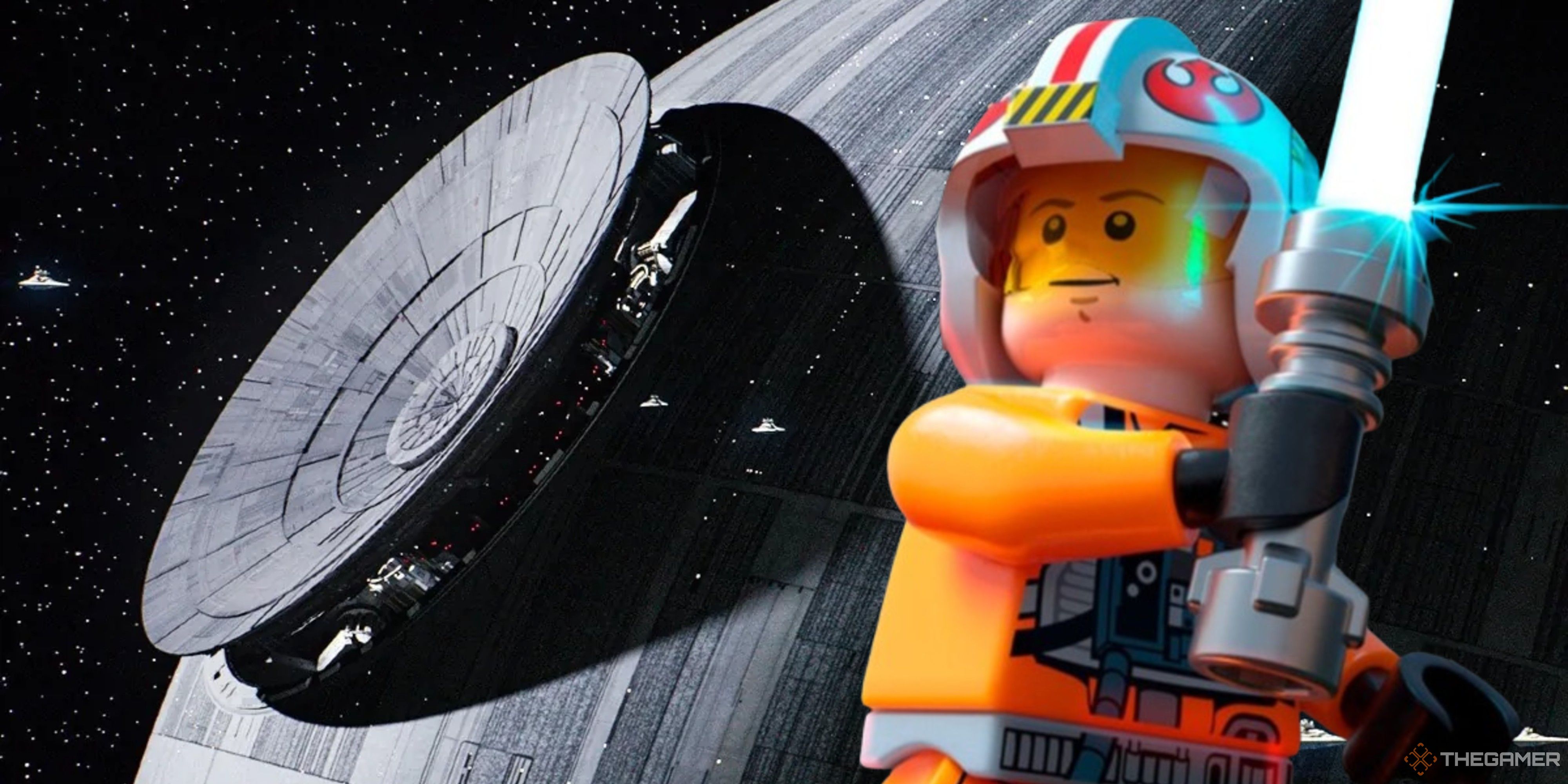 lego minifigure in front of the real death star.