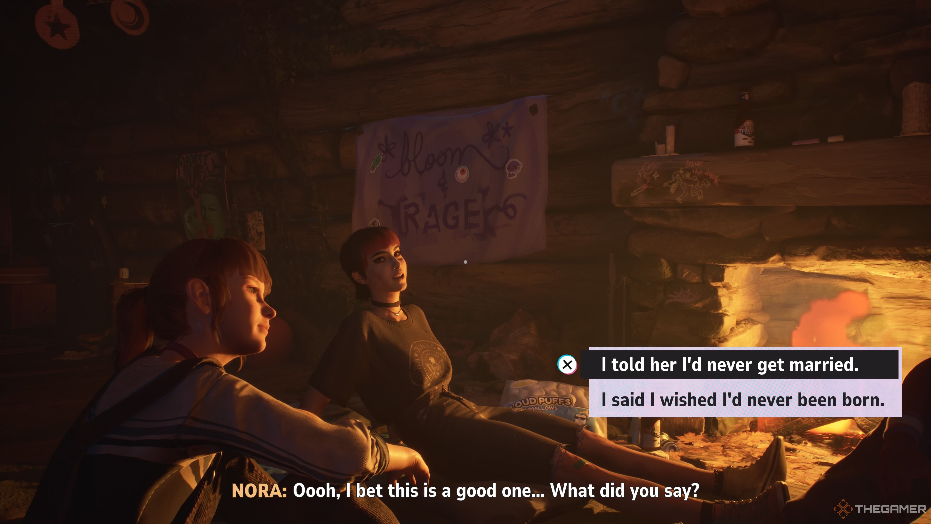 Kat and Nora sit by the fire in Lost Records: Bloom &amp; Rage, with a dialoge box for Swann&rsquo;s biggest regrets.